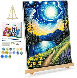 YOYA Landscape Paint by Numbers Kit for Adults with Frame - Starry Sky Adult Paint by Number Kits on Canvas with Easel, DIY Mountain Lake Moon Paint by Number Framed Canvas for Home Decor 8x12 Inch