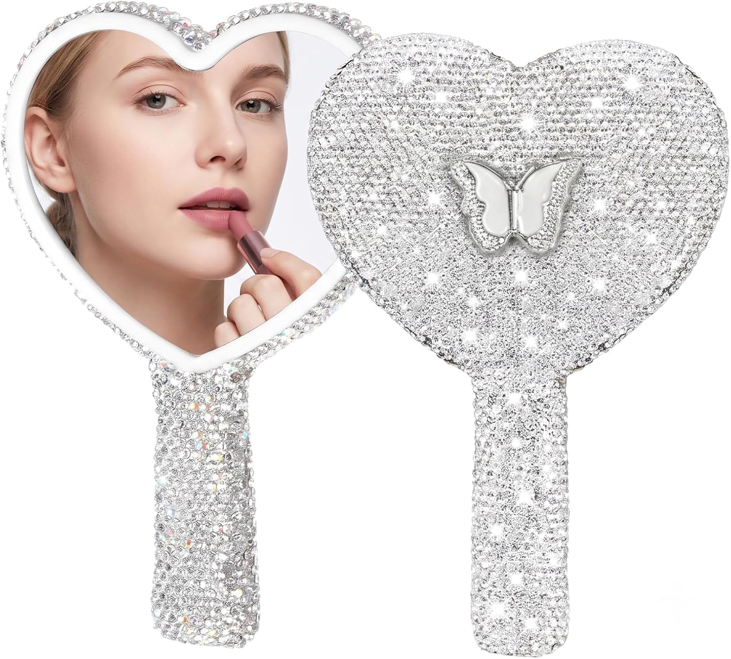 2 Pcs Large Cute Hand Mirror, 6.7x4.2 in Heart Glitter Rhinestone Lash Mirror Handheld Portable Travel Cosmetic for Women