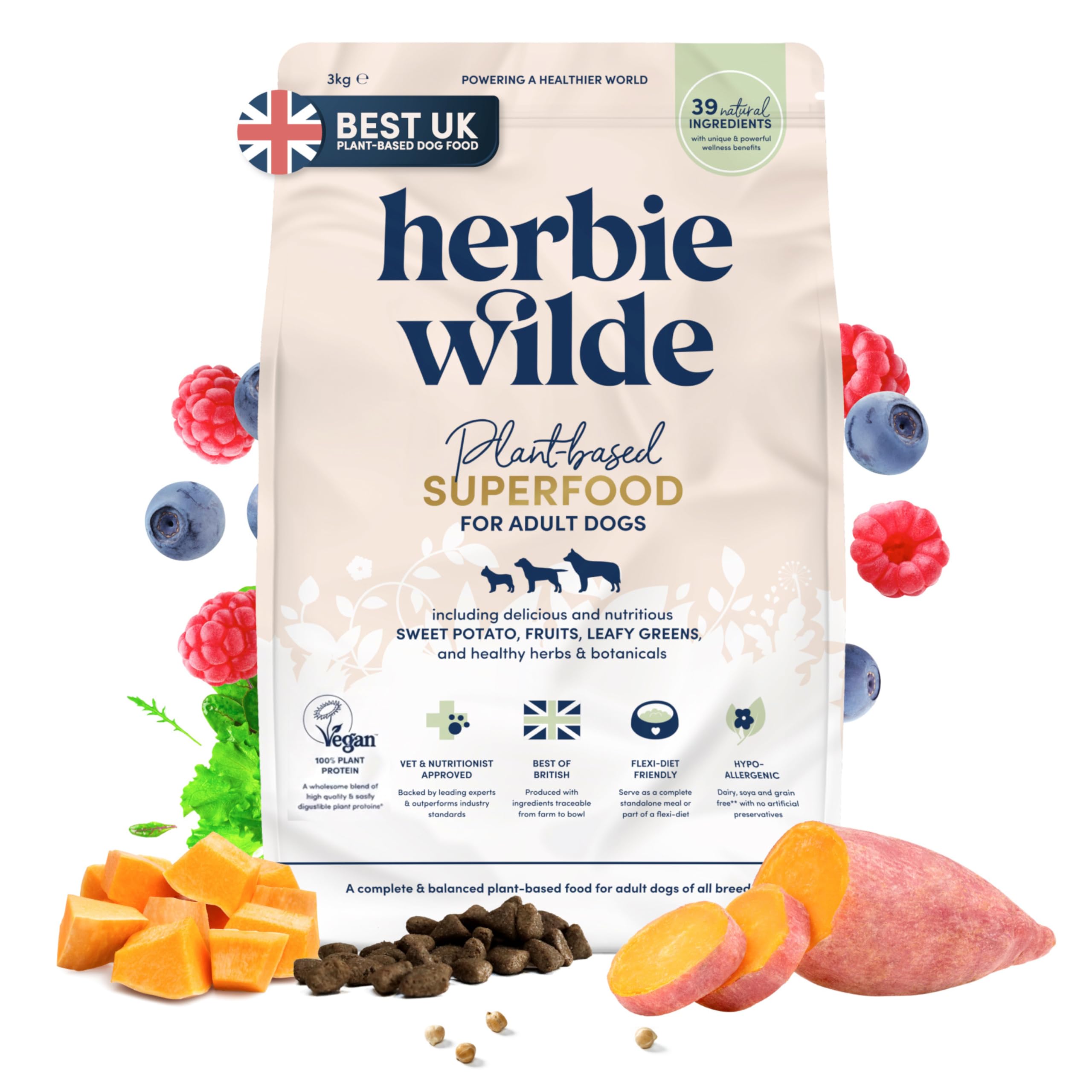 Herbie Wilde Hypoallergenic Dog Food, 3kg | Vegan Dry Dog Food | 96% of Dogs Saw Health Improvements | Plant-Based & Vet-Approved Superfood