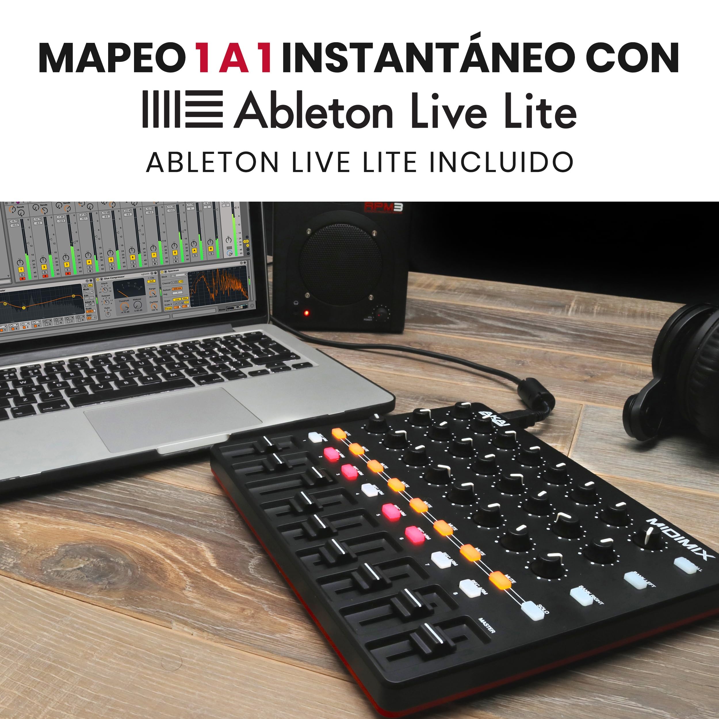 Akai Professional MIDIMIX - Mezclador de Audio, Controlador de DAW MIDI USB, Mesa de Mezclas con 8 Faders, 1 Master Fader, 24 Knobs Asignables y Mapeo con Ableton Live
