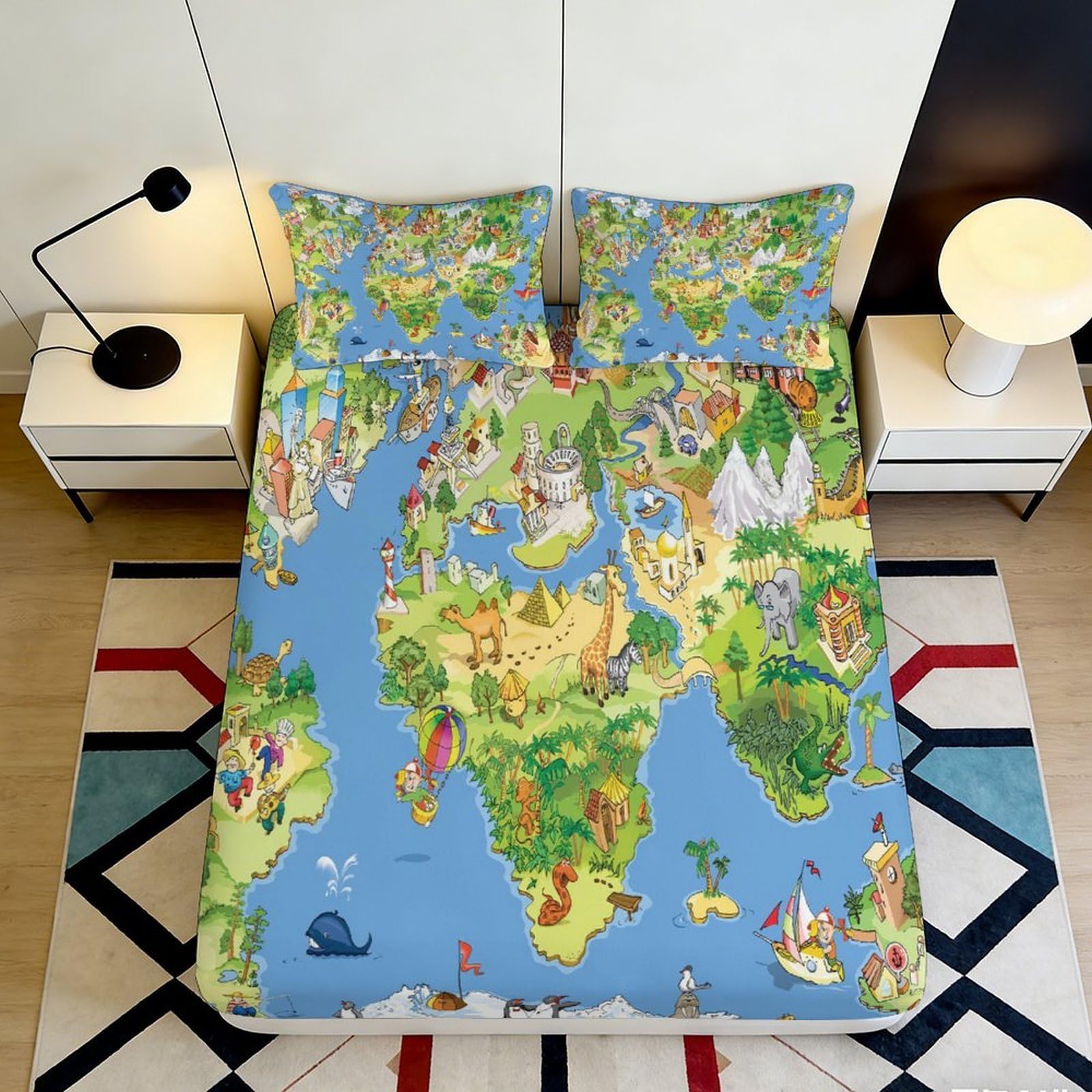 3D Printed World Map Fitted Sheet Microfiber Colorful Cartoon Adventure Bed Cover for Bedroom Dorm Mattress Protection Decor 180x200x25cm
