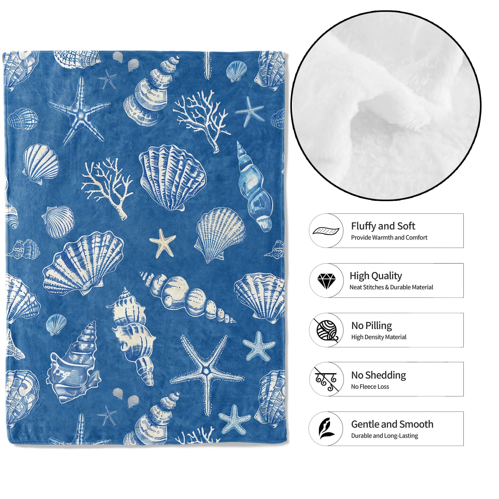 Stranddecke 127x152 Cm – Blaugrünes Ozean-Design Mit Seestern & Muscheln, Superweiche Flanelldecke Für Couch, Reisen Oder Als Überwurf