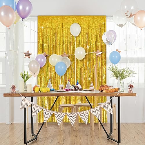 Miniatura 6 de Cortina de oropel para fiesta, telón de fondo dorado para decoración de cumpleaños, 2 paquetes de cortinas de flecos de papel de aluminio con