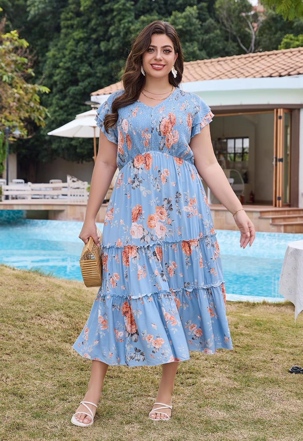 Keluummi Plus Size Summer Maxi Wedding Guest Dress for Curvy Women, Casual Boho Flutter Sleeve Long A Line Sundress, Pockets - Image 8