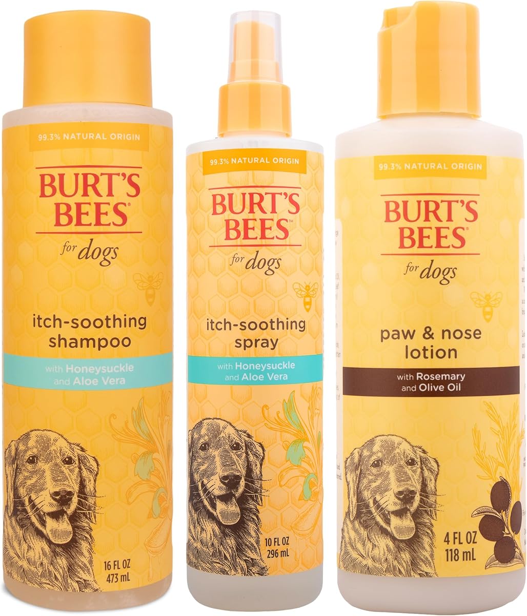 Burt's Bees Bundle Kit de cuidado calmante para la picazón, incluye champú calmante natural para la picazón y spray calmante para la picazón con madreselva, y loción para patas y nariz con romero y aceite de oliva, fabricado en los Estados Unidos