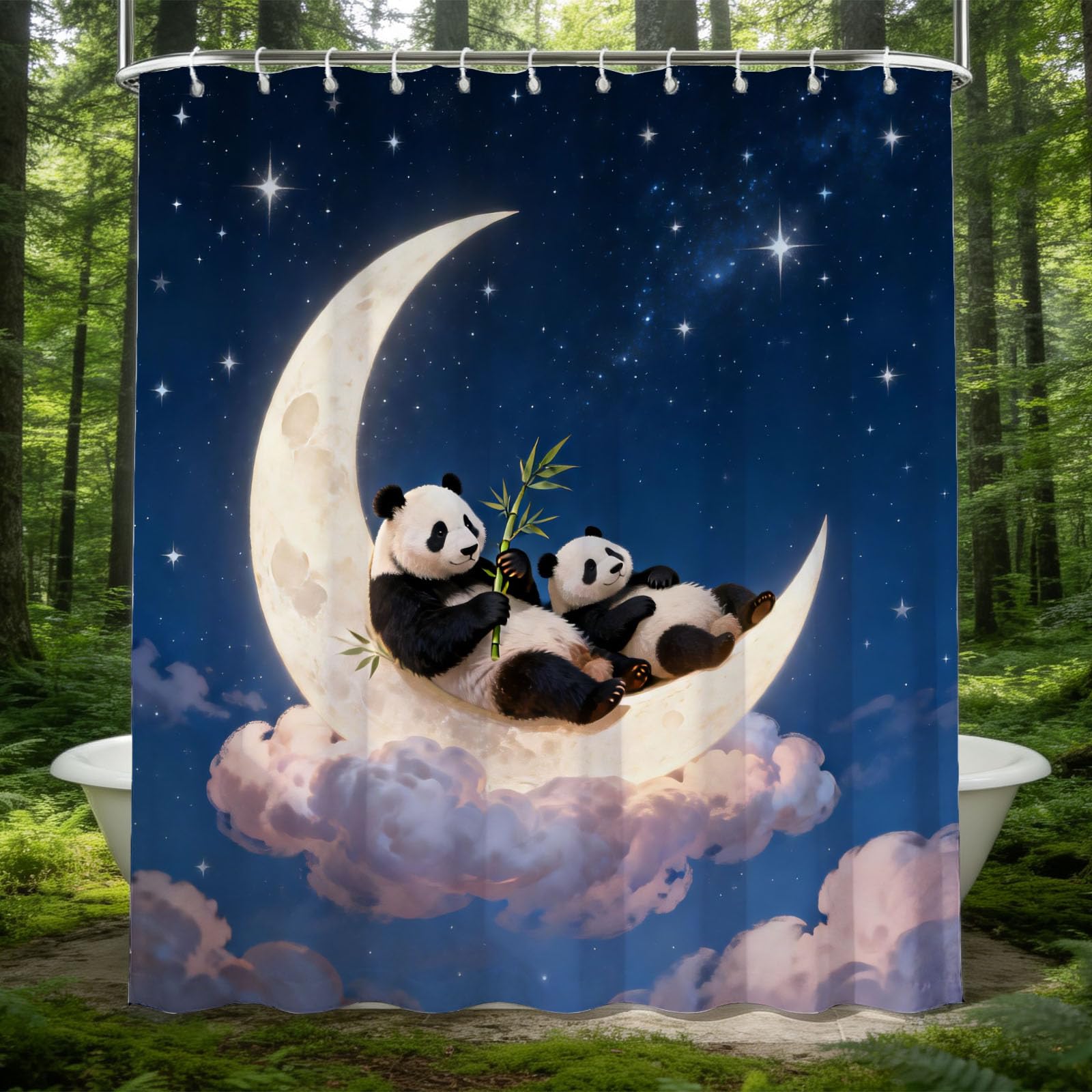 Hongduo 3D Panda Shower Curtain for Stalls Bathtubs Moon Bathroom Decor Shower Curtain Set Polyester Fabric Waterproof 180x200cm/71X79 Inch with Hooks