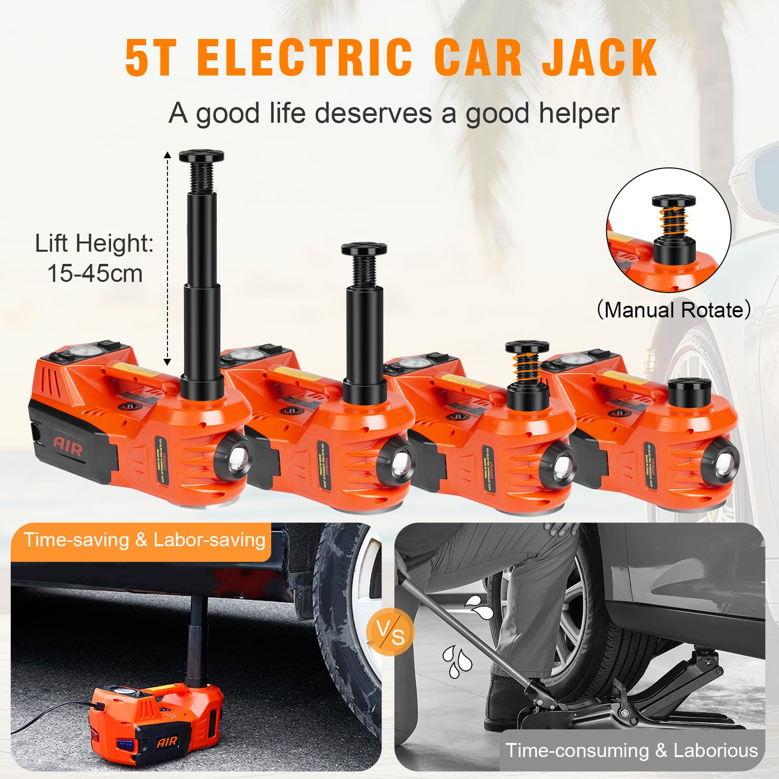 Auto Cric idraulico 5T, Cric elettrico 4 in 1 12V con pompa gonfiabile e luce LED, portata di sollevamento di 15-45 cm, Cric per auto, SUV, officine, riparazioni di emergenza, cambio gomme