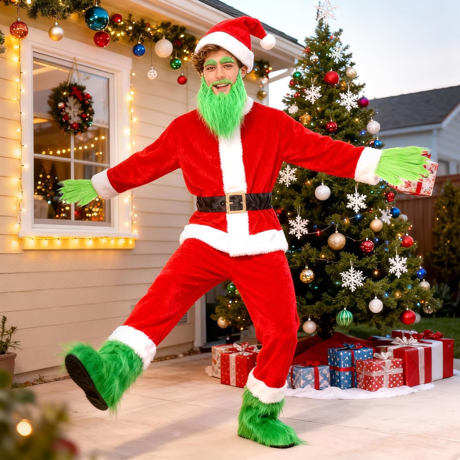 Men Green Monster Beard Santa Adult Christmas Cosplay Costume Accessories Beard Santa Hat Holiday Party Prop - Image 7