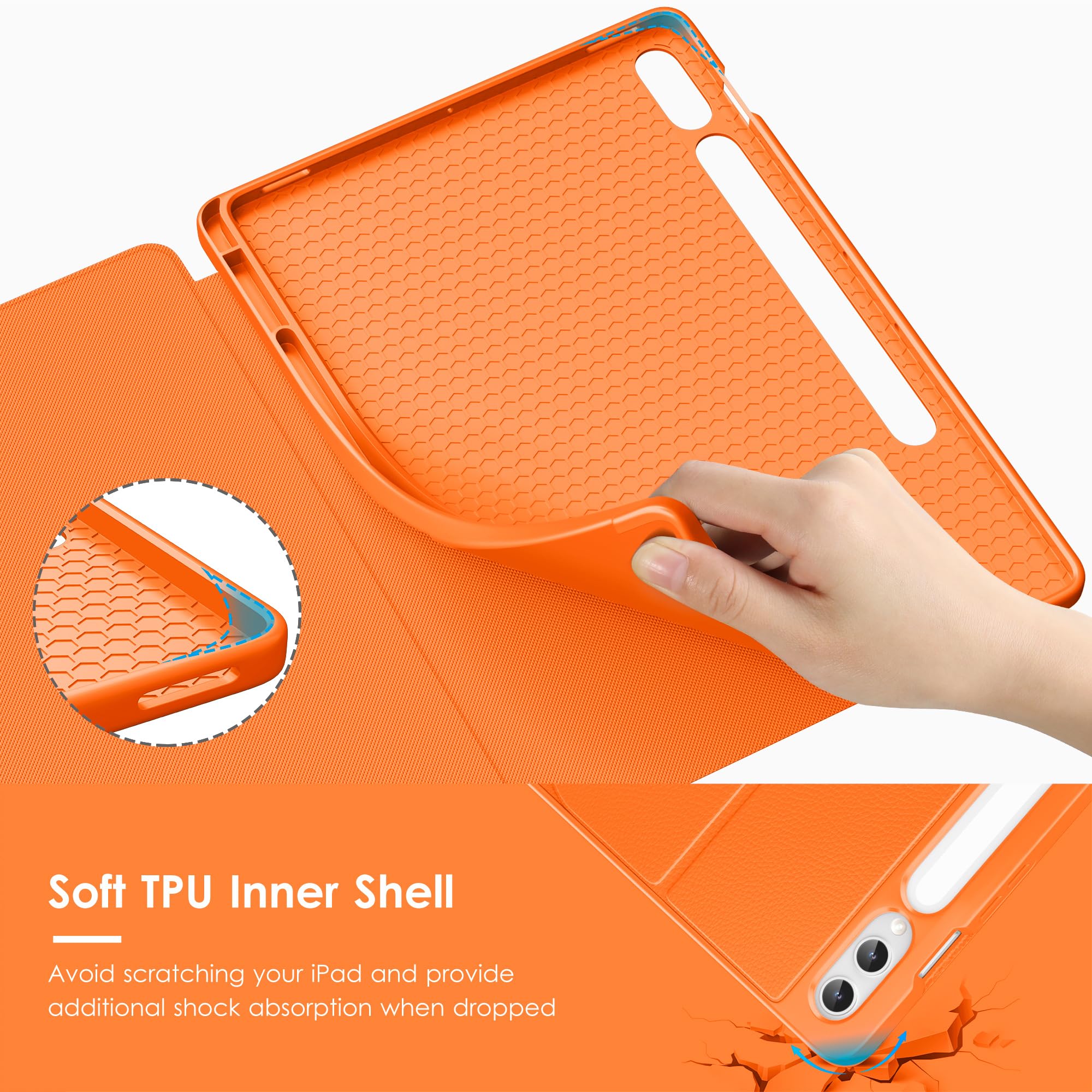 VIKESI Custodia per Samsung Galaxy Tab S10+ Plus 12,4" 2024 | Copertura con supporto multiangolare, retro morbido, portapenne, e spegnimento automatici, arancione
