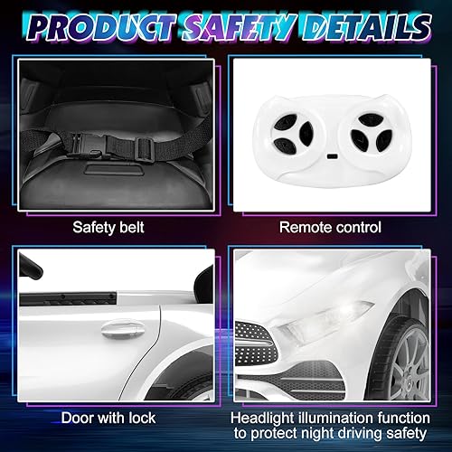 Miniatura 4 de Auto de paseo para niños de 12 V con control remoto de 2.4 G, automóvil eléctrico alimentado por batería, puertas dobles, cinturón de seguridad de 5