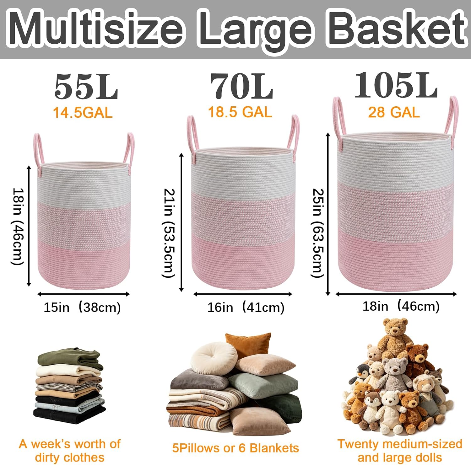 Large Laundry Basket, Cotton Rope Nursery Hamper with Handles-Pink thumbnail