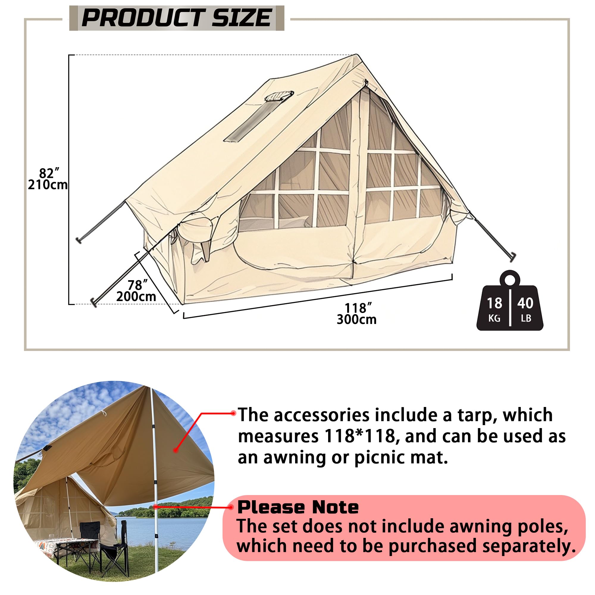 Tienda de campaña inflable para 4 personas con tela Oxford 600D, incluye mosca de lluvia y bomba de aire, fácil instalación
