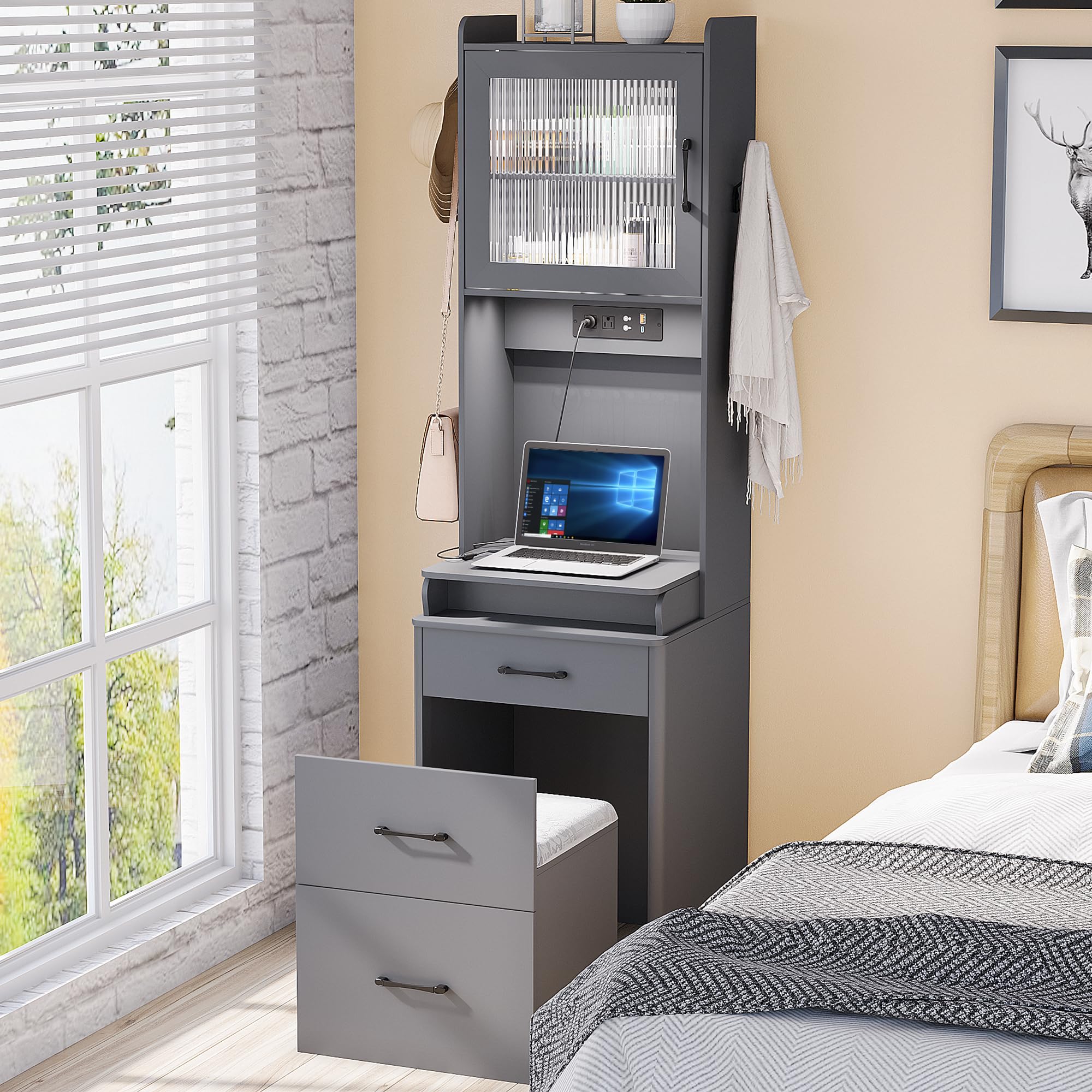 JDPAG Vanity Desk with Mirror and Lights, Makeup Vanity Table with Jewelry Cabinet and Cushioned Stool, Dressing Table Writing Desk with 3 Color Lighting Modes, Vanity Set for Bedroom, Grey