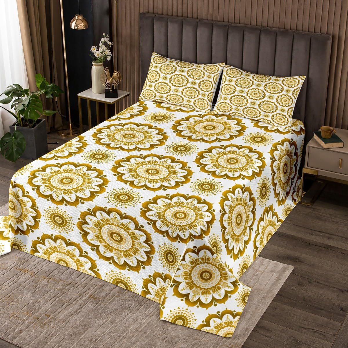 jejeloiu Paisley Coverlet Set Twin Size Damask Pattern Bedspread for Kids Boys Girls Yellow White Bedding Set European Pattern Bed Cover 2Pcs