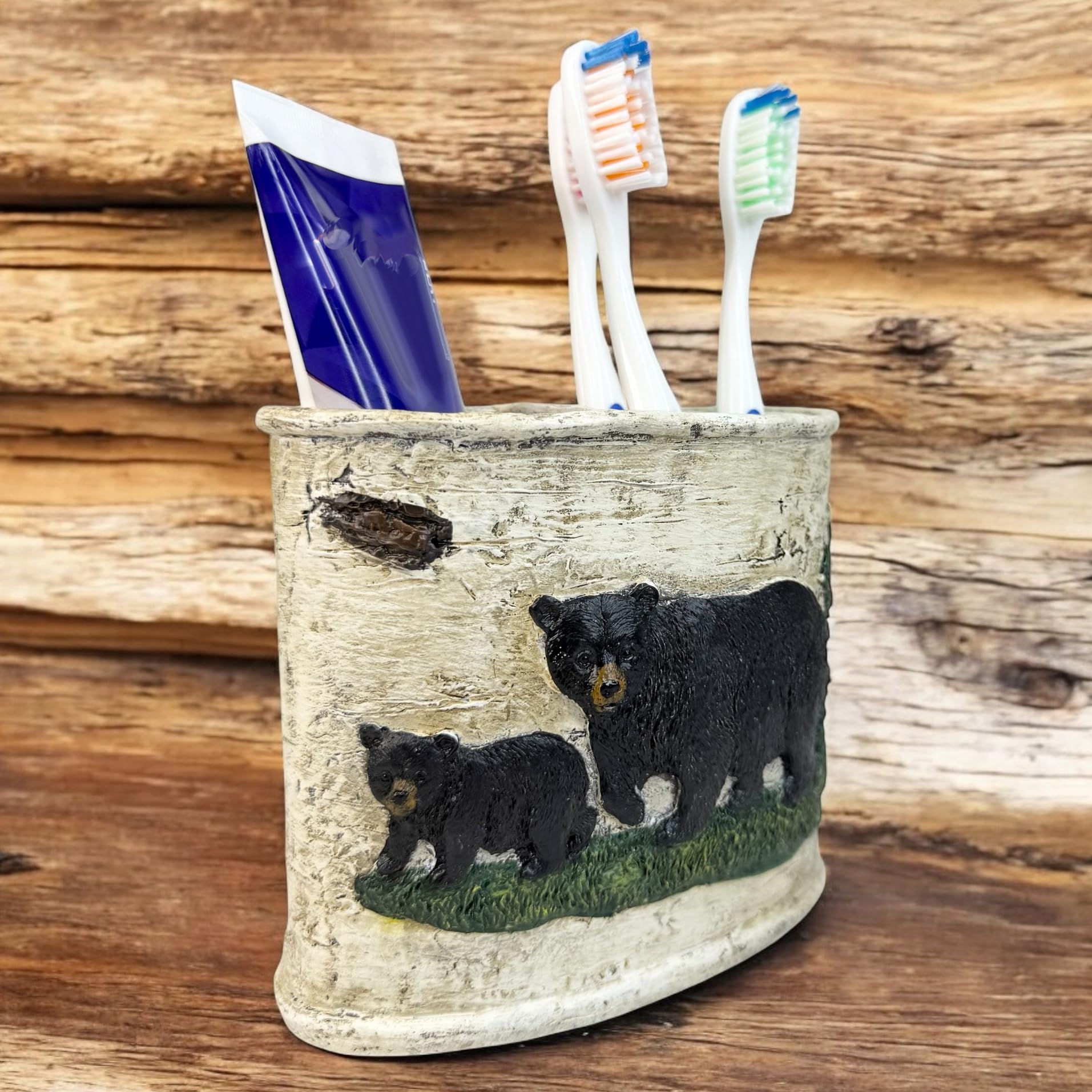 Rustic Black Bear and Cub Toothbrush and Toothpaste Holder – Lodge Bathroom Organizer Made of Durable Resin – Wildlife Cabin Decor with Divided Compartments