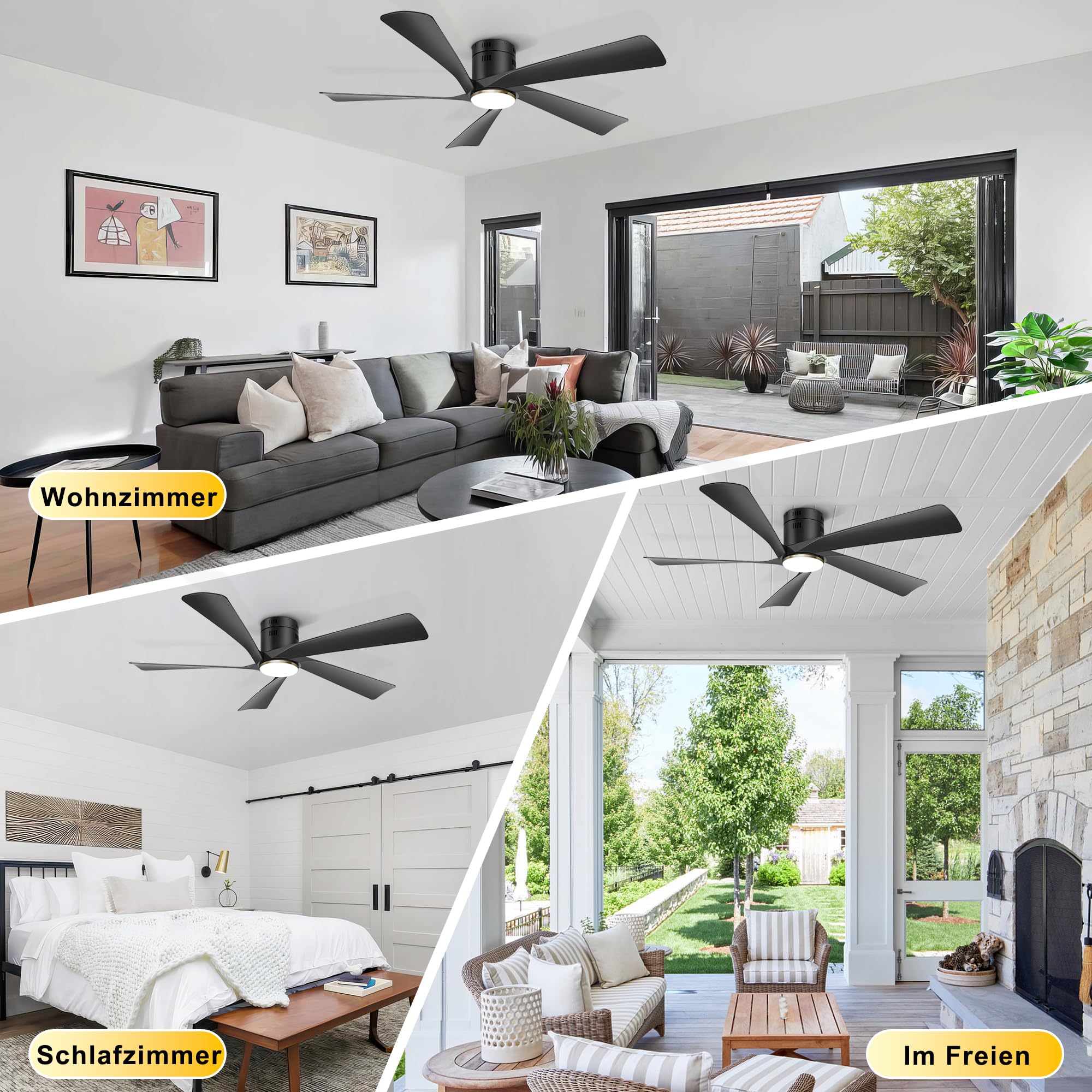 Ohniyou 132 cm Deckenventilator mit Beleuchtung, Fernbedienung, App-Steuerung, Dimmbar, Leiser DC-Motor, Schwarz