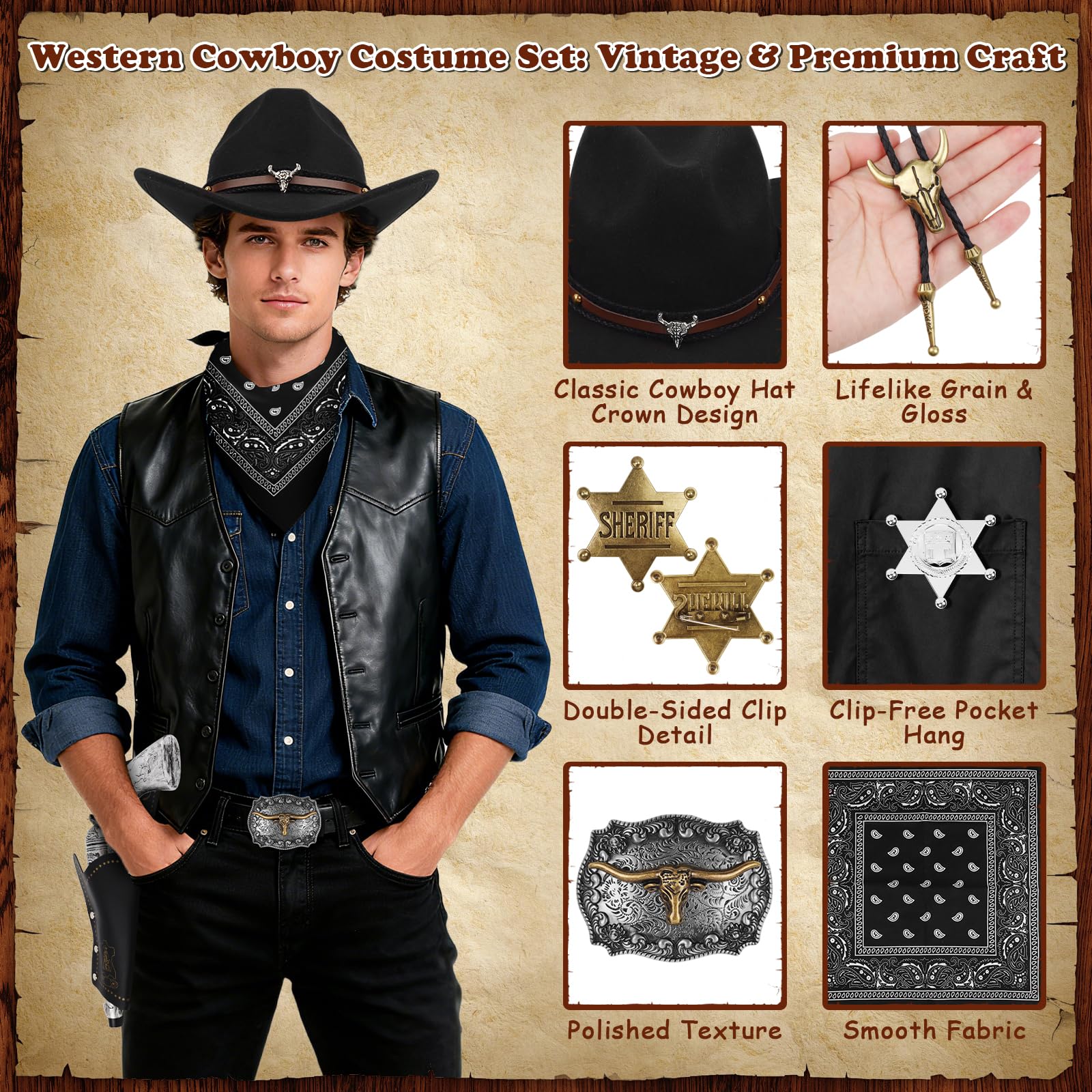 FICOFISE Cowboy Costume Gift Set: 10 Pcs Western Accessories for Adults The Perfect Wild West Fancy Dress for Christmas New Year Party - Image 3