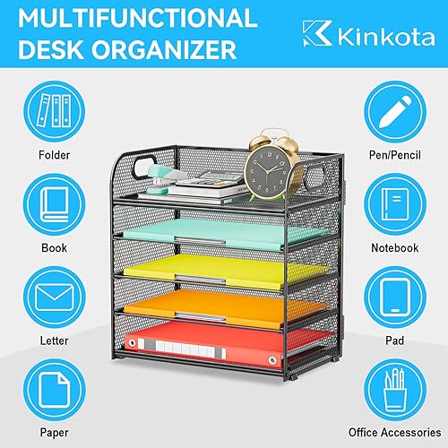 Miniatura 4 de Bandeja organizadora de papel con asa, organizador de escritorio apilable negro de 5 niveles con malla de metal, bandeja de papel resistente para