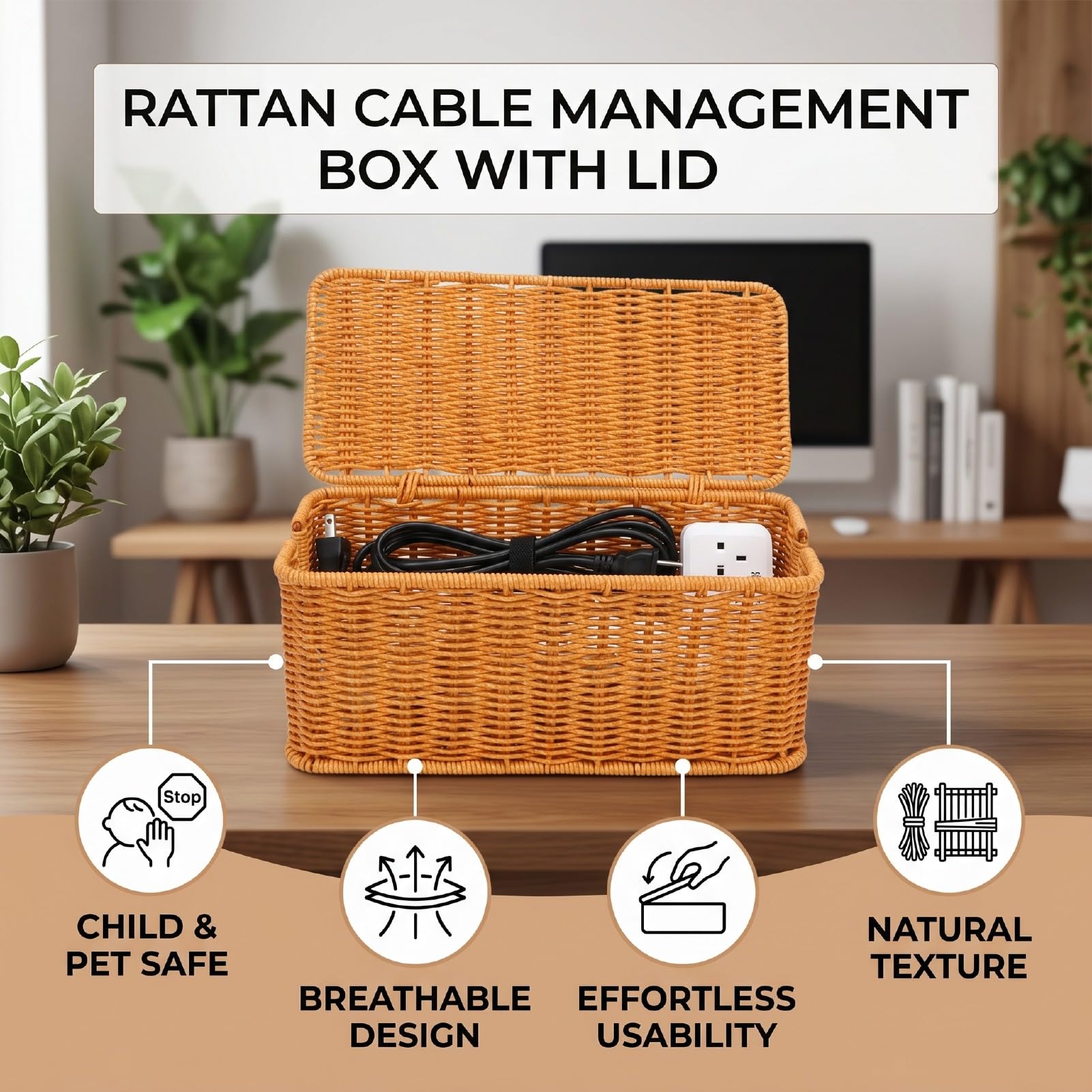 SIXRUN Scatola Gestione Cavi, Scatola Organizer per Cavi Intrecciati in Rattan con Coperchio Intrecciato a Mano, Copertura a 180 Gradi, Adatta a Prese Multiple Fino a 12 X 5 Pollici, per Scrivania,