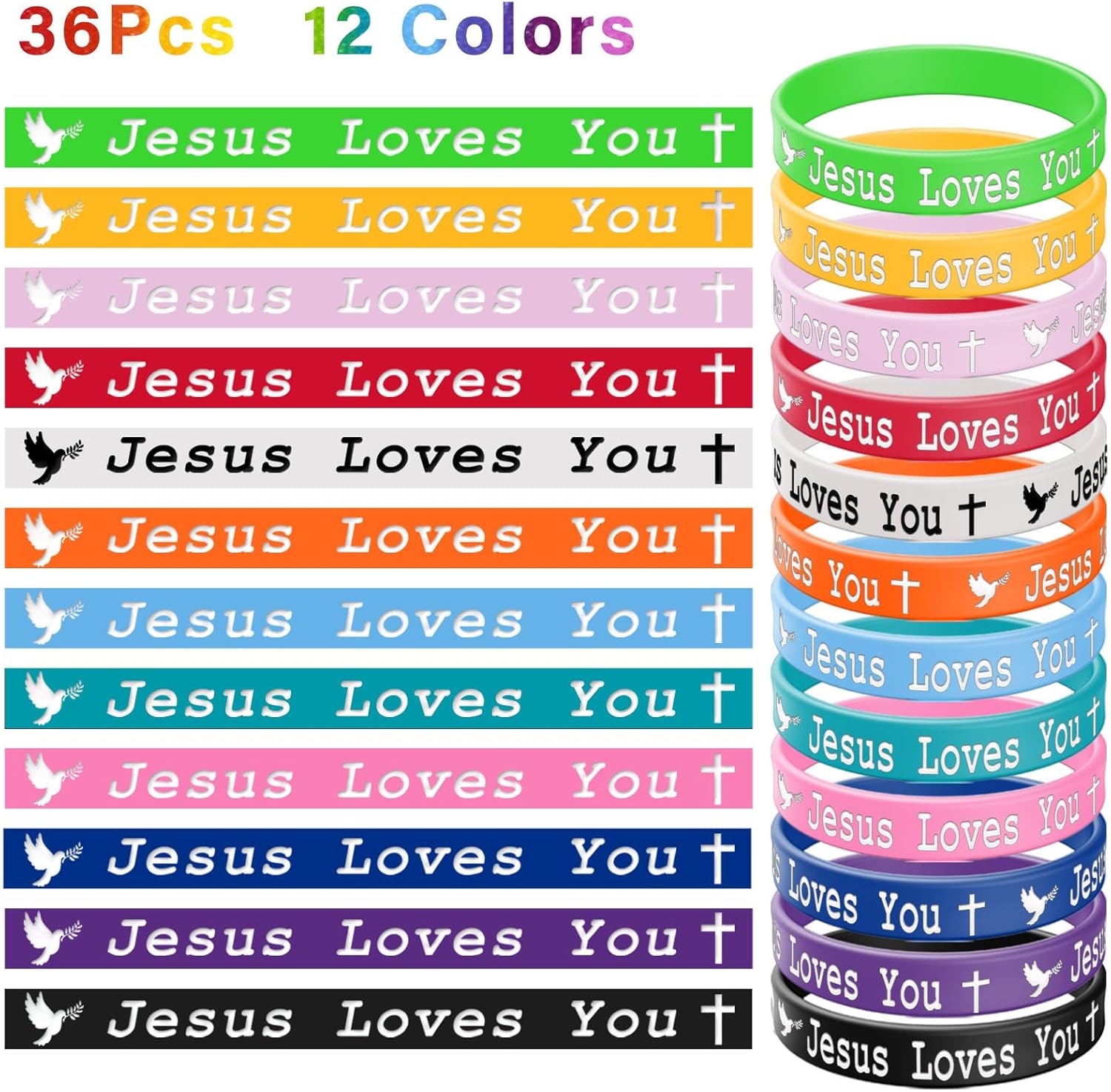 ZIQON 36 PCS Jesus Loves You Silicone Wristbands Colorful Rubber Bracelets Christian Silicone Bracelet Jesus Loves You Rubber Wristbands for Teen Men Religious Bracelets Christmas (Colorful) - Image 2