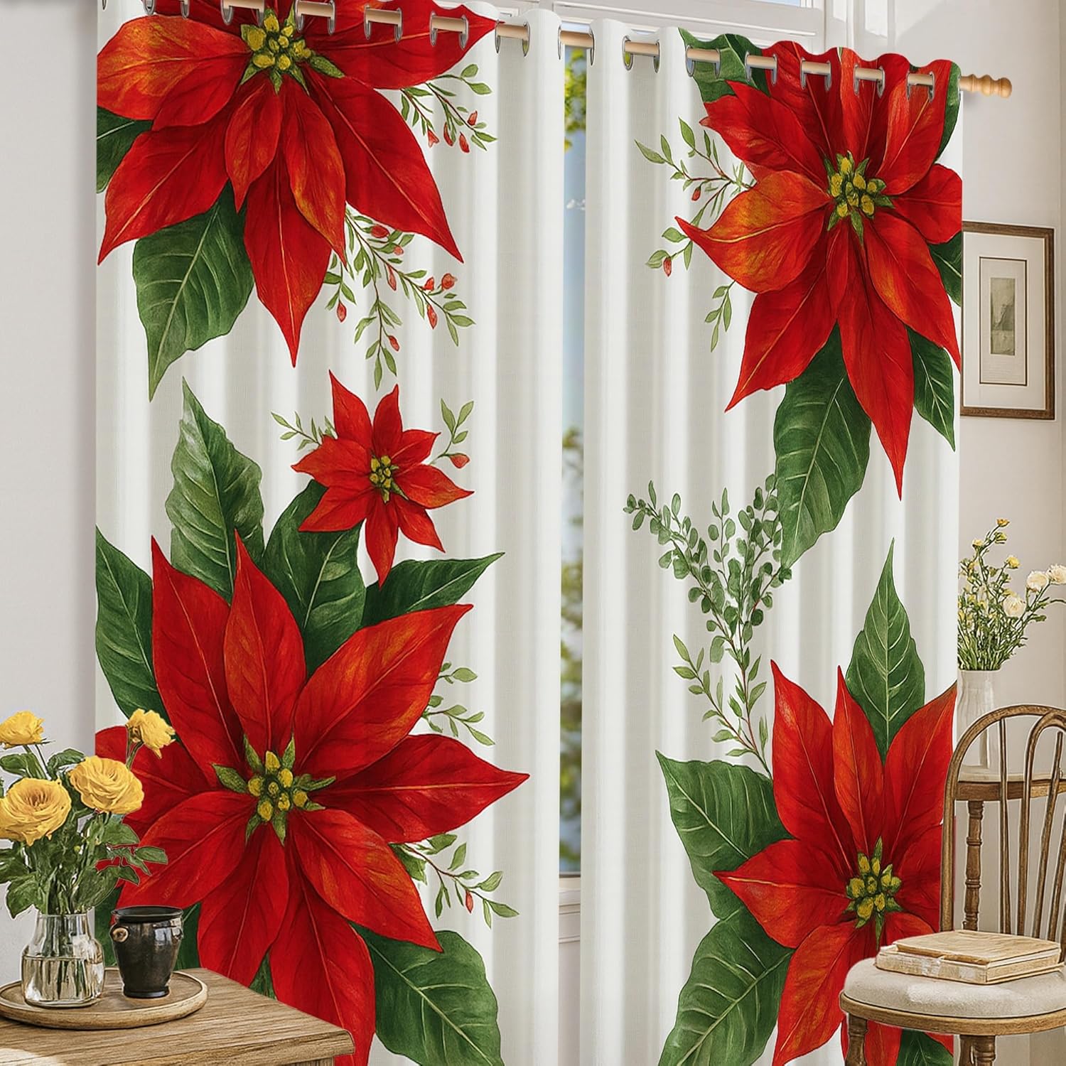 Poinsettia Blackout Curtains, Holiday Floral Leaf Flower Christmas Red Machine Washable Window Curtain Panels for Living Room Home Office Window Decor 52x63 Inch