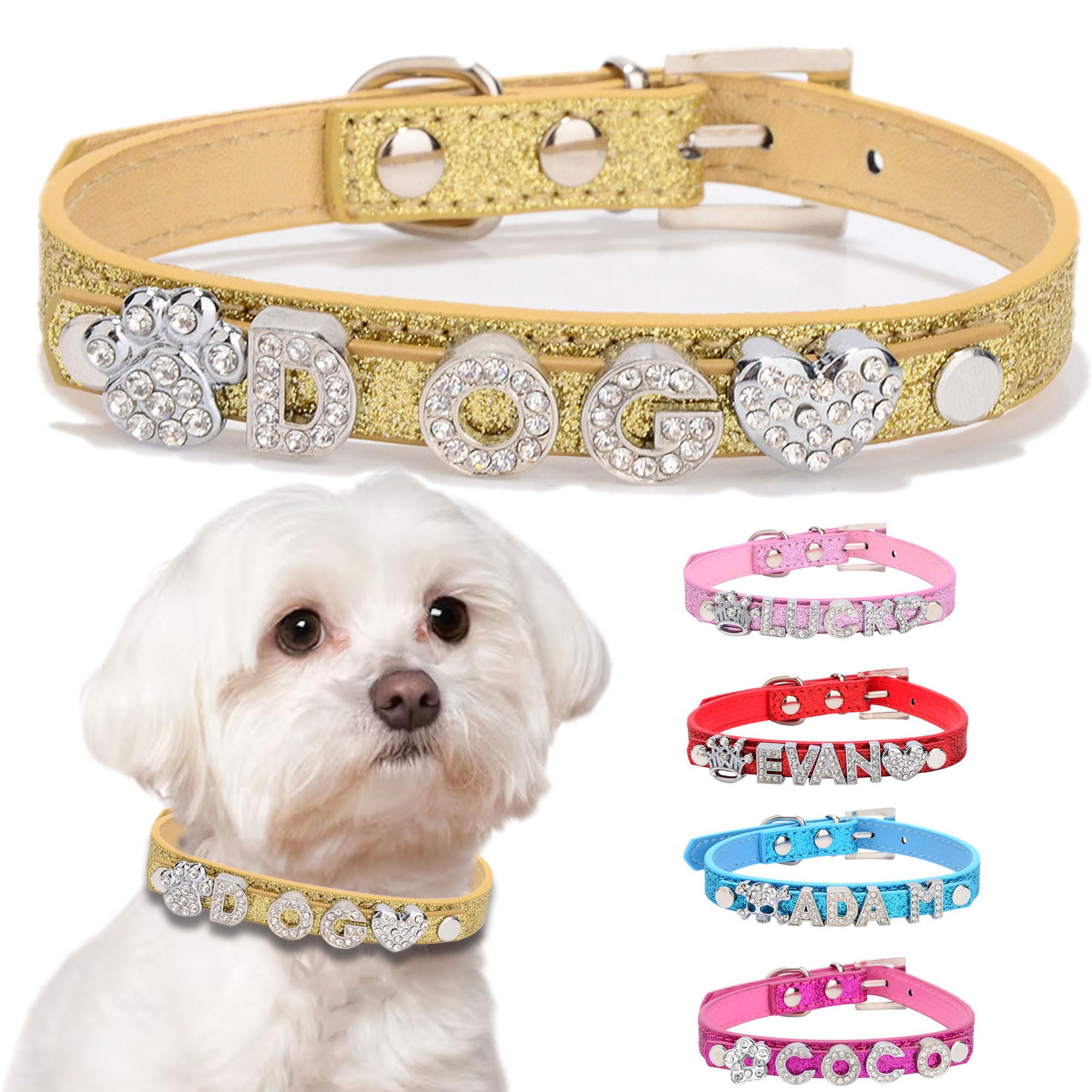Personalised Dog Collars with Name Custom Bling Rhinestone Dog Puppy Cat Pet Name Collar Leather Dog Collar for Small Medium Large Dogs(Gold, XS)