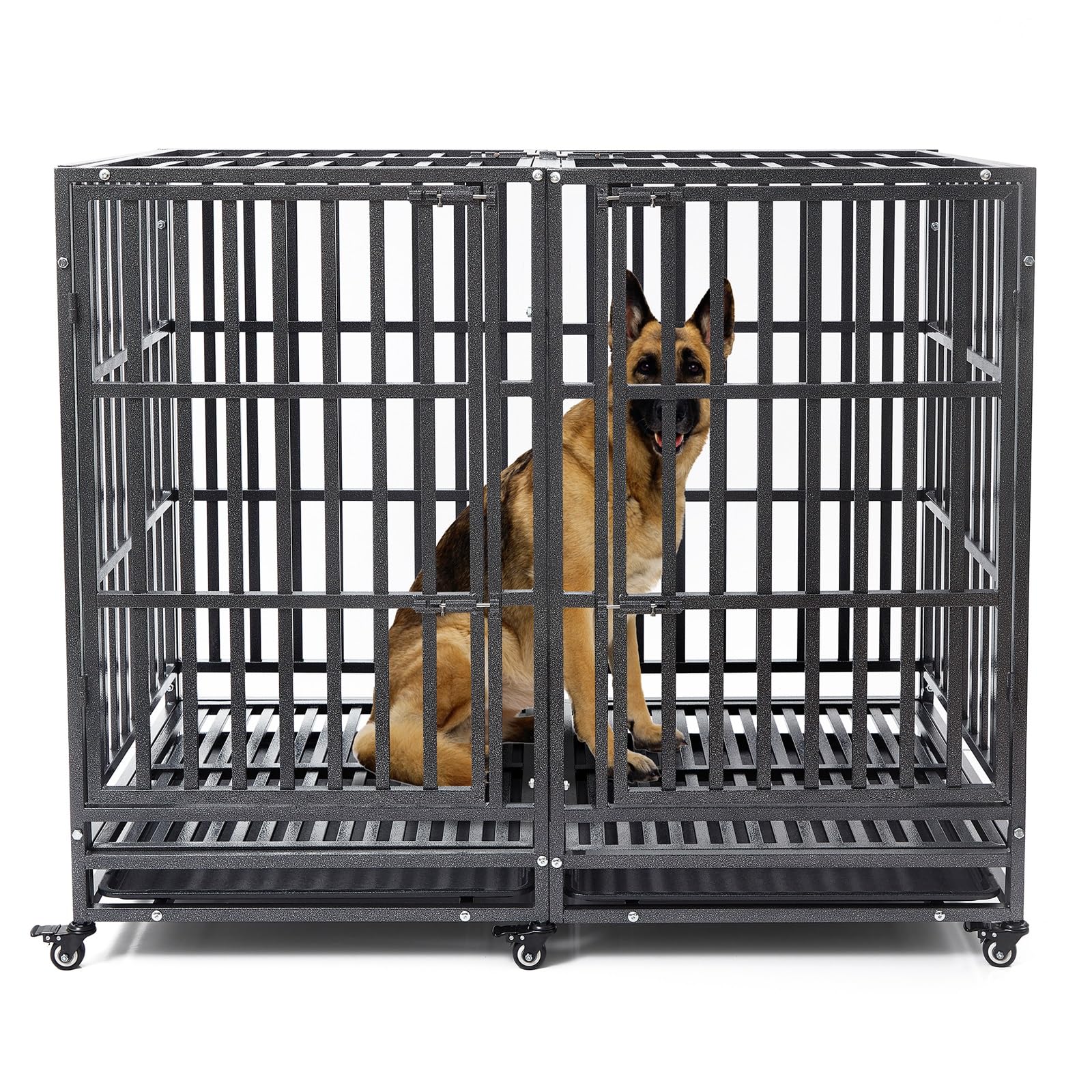 Photo 1 of 54 inch Heavy Duty Indestructible and Escape-Proof Dog Crate Cage Kennel for 1 XL or 2 Medium Dogs, Divider Panel, Removable Tray & Wheels, for High-Anxiety Dogs, Extra Large XL (Black)