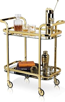 Viski Kitchen and Bar Cart with Wheels and Mirror Shelves, Kitchen and Bartending Accessories Holder, Stainless Steel, Gold Finish