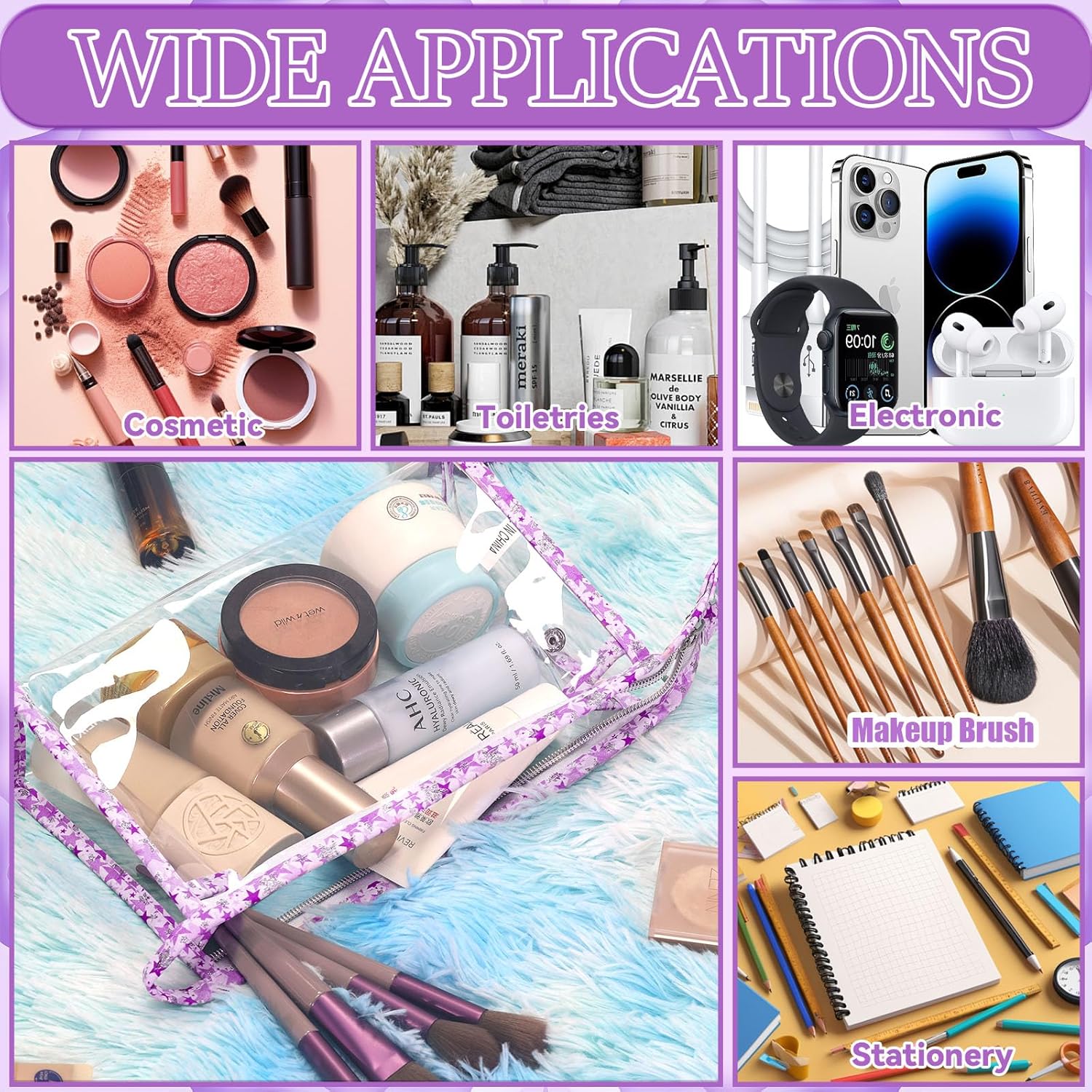 YedsIntu 12 Pieces Clear Makeup Bag PVC Portable Travel Makeup Cosmetic Toiletry Zippered Pouches Waterproof Vinyl Plastic Large Clear Organizer Storage Case (Purple)