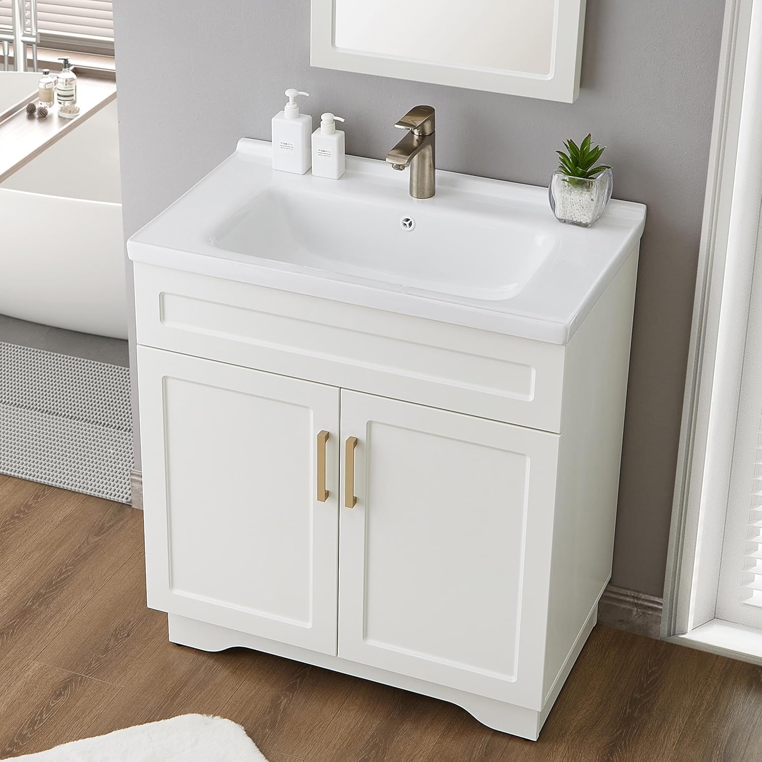 Ymise Bathroom Vanity with Ceramic Sink, 32-Inch Bathroom Vanities Cabinet with Large Storage Space, Wooden Bathroom Sink Cabinet, White