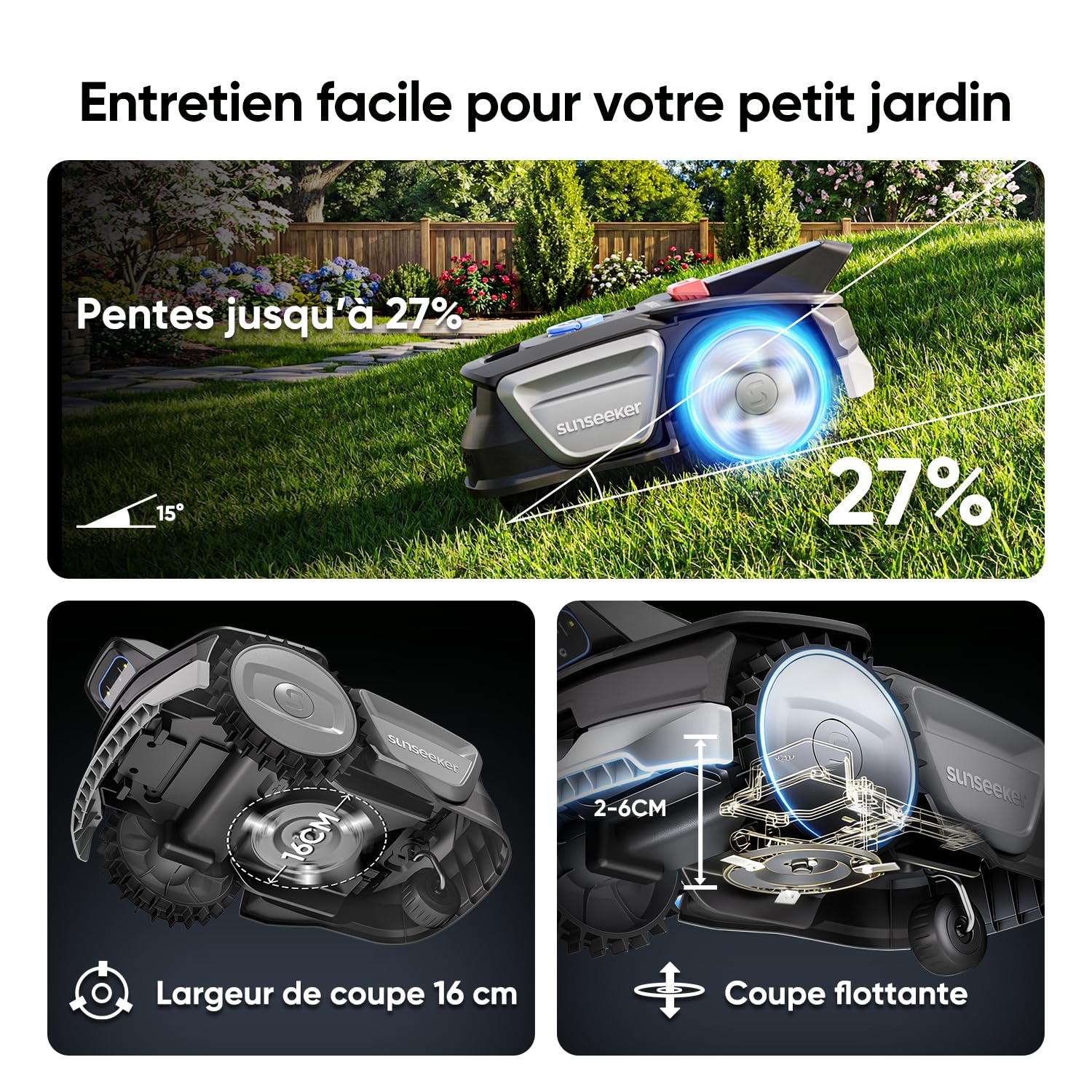 Sunseeker V1 Robot Tondeuse sans Fil 300 m² Vision AI Évitement Obstacles Pentes 27%
