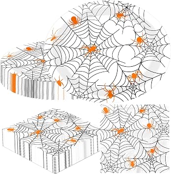 CMUSKO 100Pcs Halloween Spider Web Plates and Napkins, White and Orange Halloween Oval Paper Plates Spider Web Disposable Tableware Set for halloween Birthday Spiderweb Party Decorations, Serve 50
