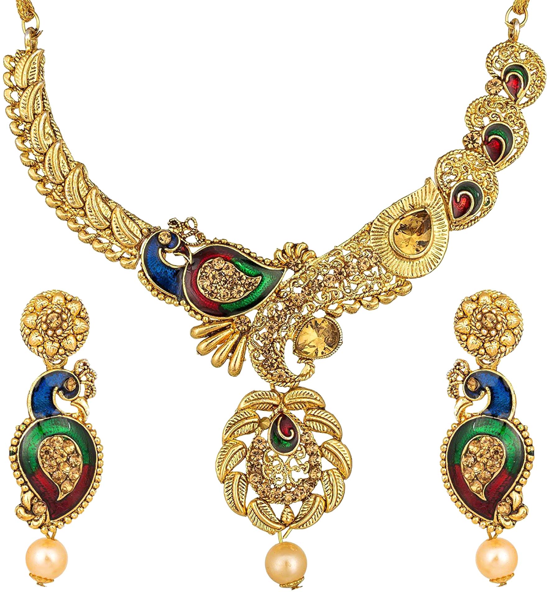Fresh Vibes Gold Plated Traditional Peacock Design Earrings & Necklace Jewelry Set for Ladies | Choker Length with Adjustable Dori (B07MW9S1GX) Amazon Price History, Amazon Price Tracker