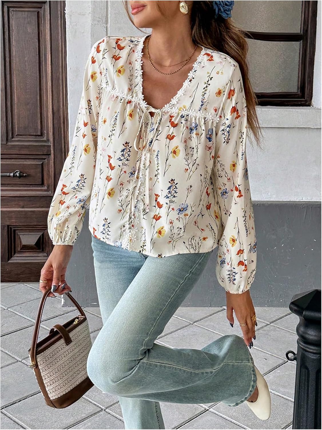 SHENHE Women's Lantern Sleeve Blouse Tie Front V Neck Business Casual Dressy Going Out Top - Image 4