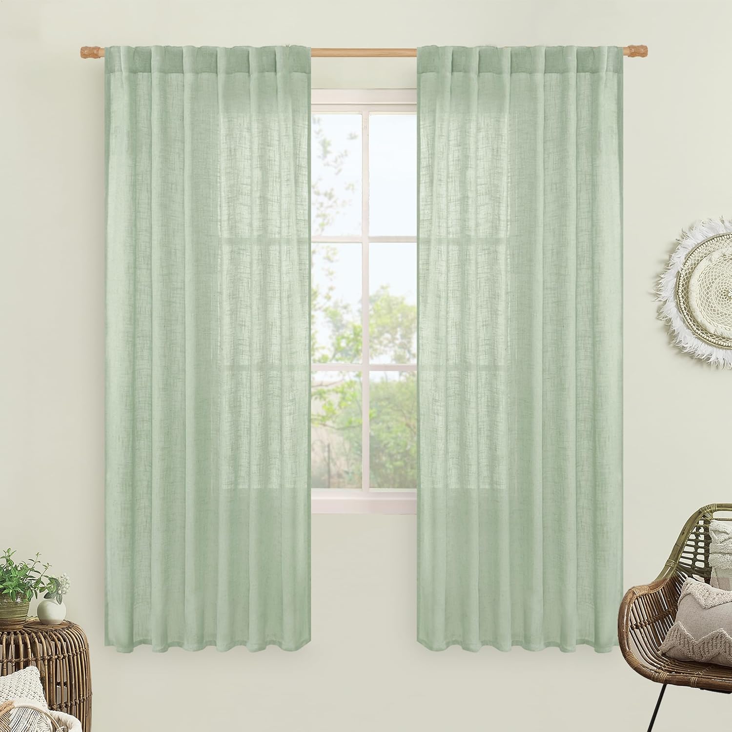 LAMIT Fresh Green Linen Curtains for Living Room, 78 Inch Faux Linen Textured Light Filtering Drapes Back Tab and Rod Pocket Boho Panels for Farmhouse/Bedroom/Porch, 52 x 78 Inch, 2 Panels Set