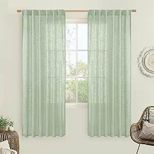 LAMIT Fresh Green Linen Curtains for Living Room, 78 Inch Faux Linen Textured Light Filtering Drapes Back Tab and Rod Pocket Boho Panels for Farmhouse/Bedroom/Porch, 52 x 78 Inch, 2 Panels Set