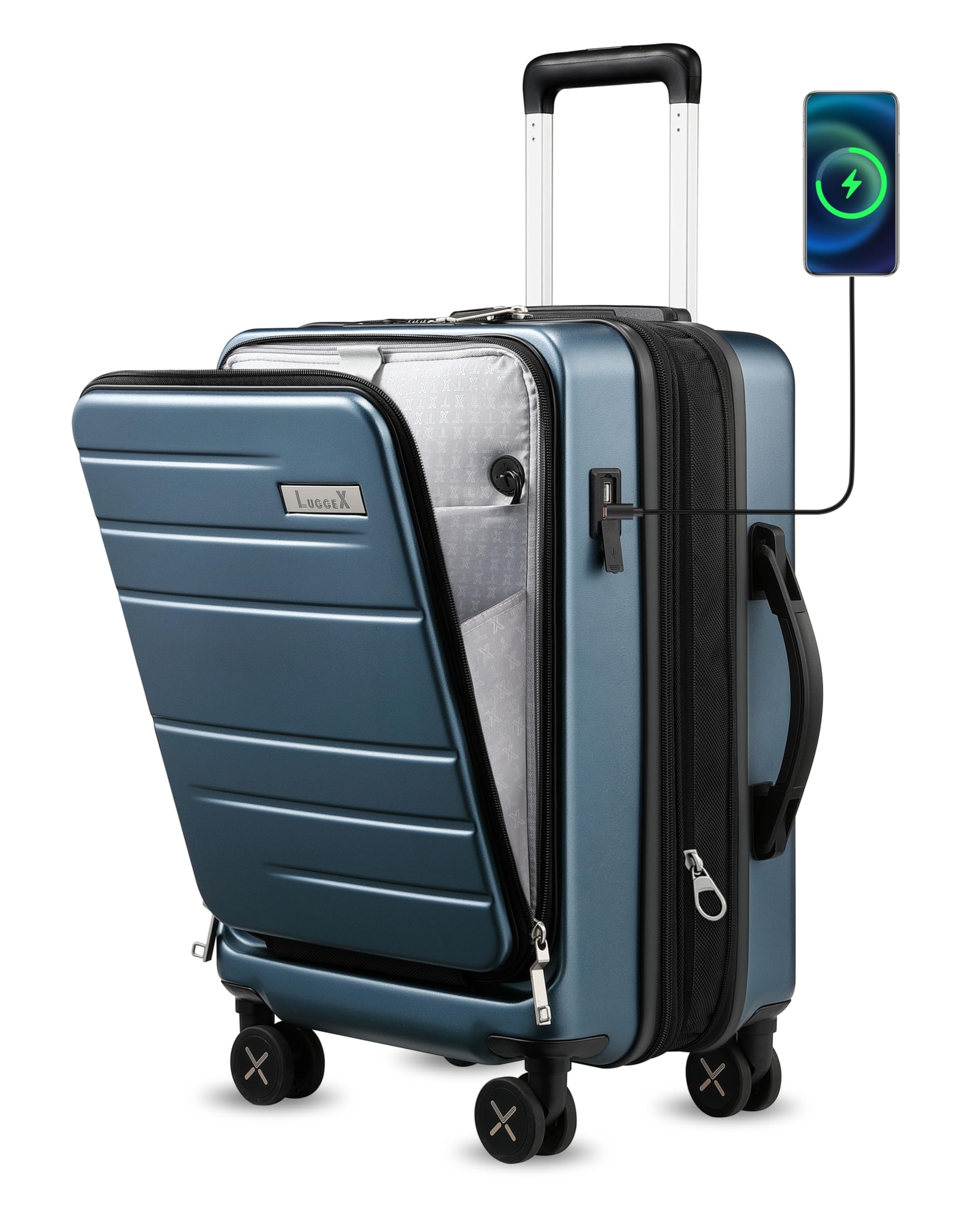 LUGGEX Carry On Luggage with Compartment, Expandable Polycarbonate Suitcase with Wheels (Blue, 20 Inch, 36.1L)