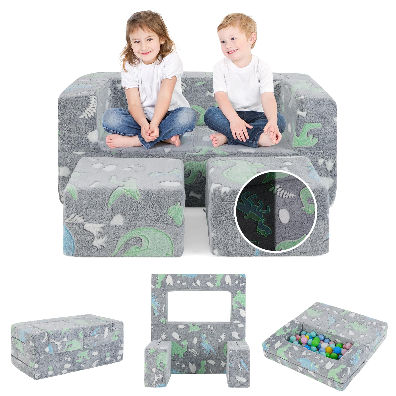 COSTWAY Canapé Enfant 2 Places Lumineux (Brillant dans Le Noir) avec Motif Dinosaure, Fauteuil Enfant Convertible en Tissu avec Housse Lavable, Canapé Modulaire Phosphorescent pour 3 Ans+