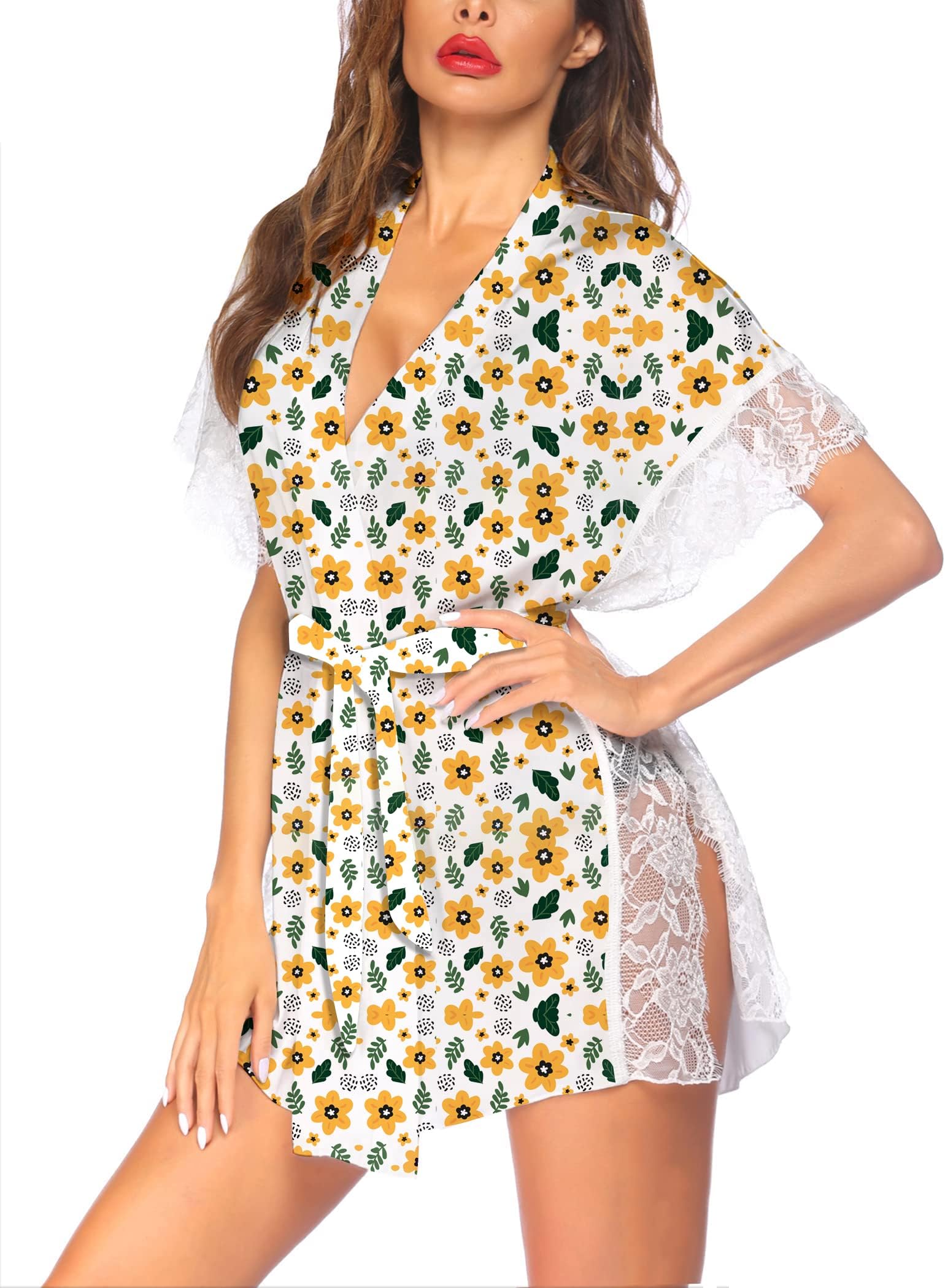 XivirWomen Lingerie Robe Satin Sleepwear Eyelash Lace Kimono Side Split Sexy Silk Robes