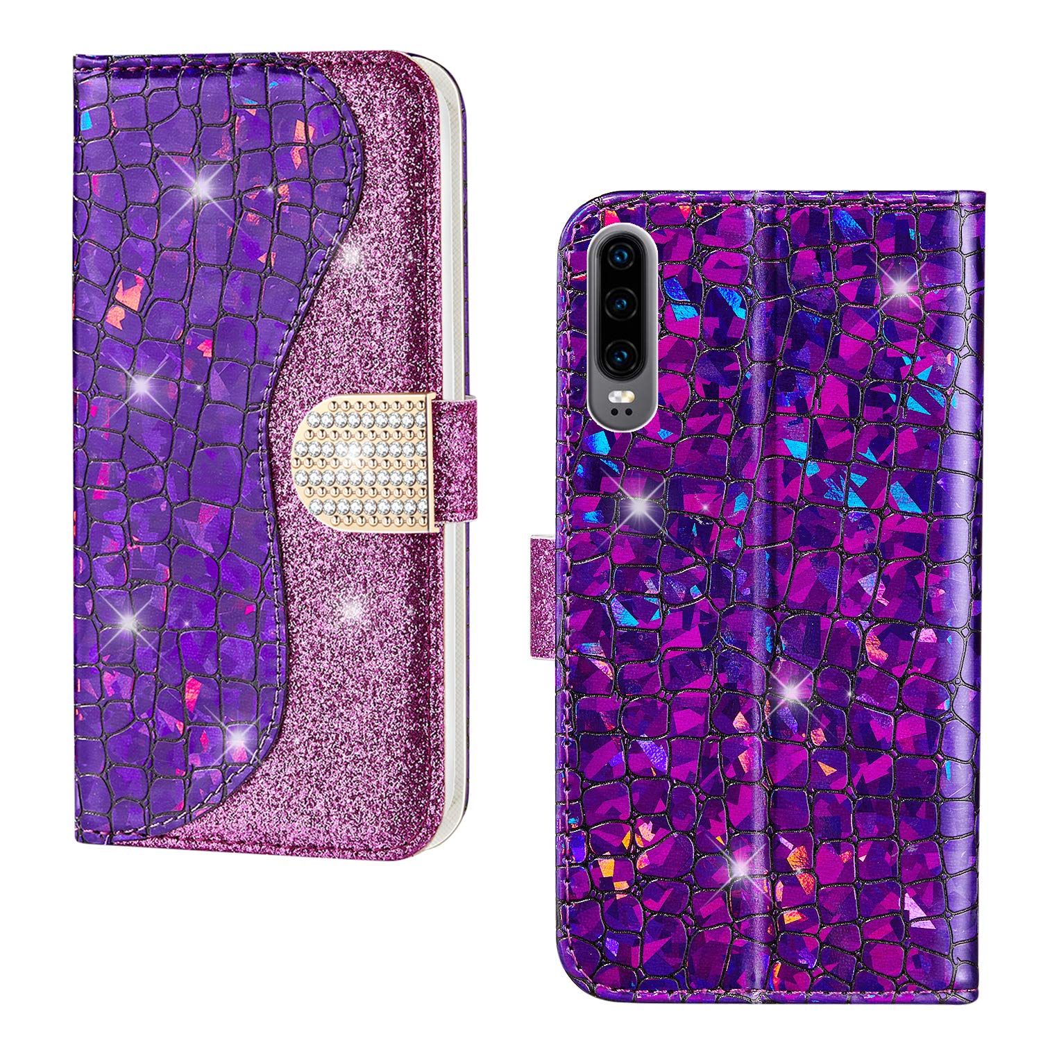 SEEYA Phone Wallet for Huawei P30 Women Glitter Crocodile Pattern Leather Elegant Purple Flip Case Cover with Credit Card Holders Slot Money Pouch Magnetic Clasp Horizontal Stand