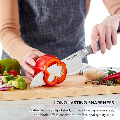 Miniatura 3 de KitchenAid Cuchillo Santoku forjado gourmet con cubierta de hoja de ajuste personalizado, cuchillo de cocina afilado, hoja de acero inoxidable