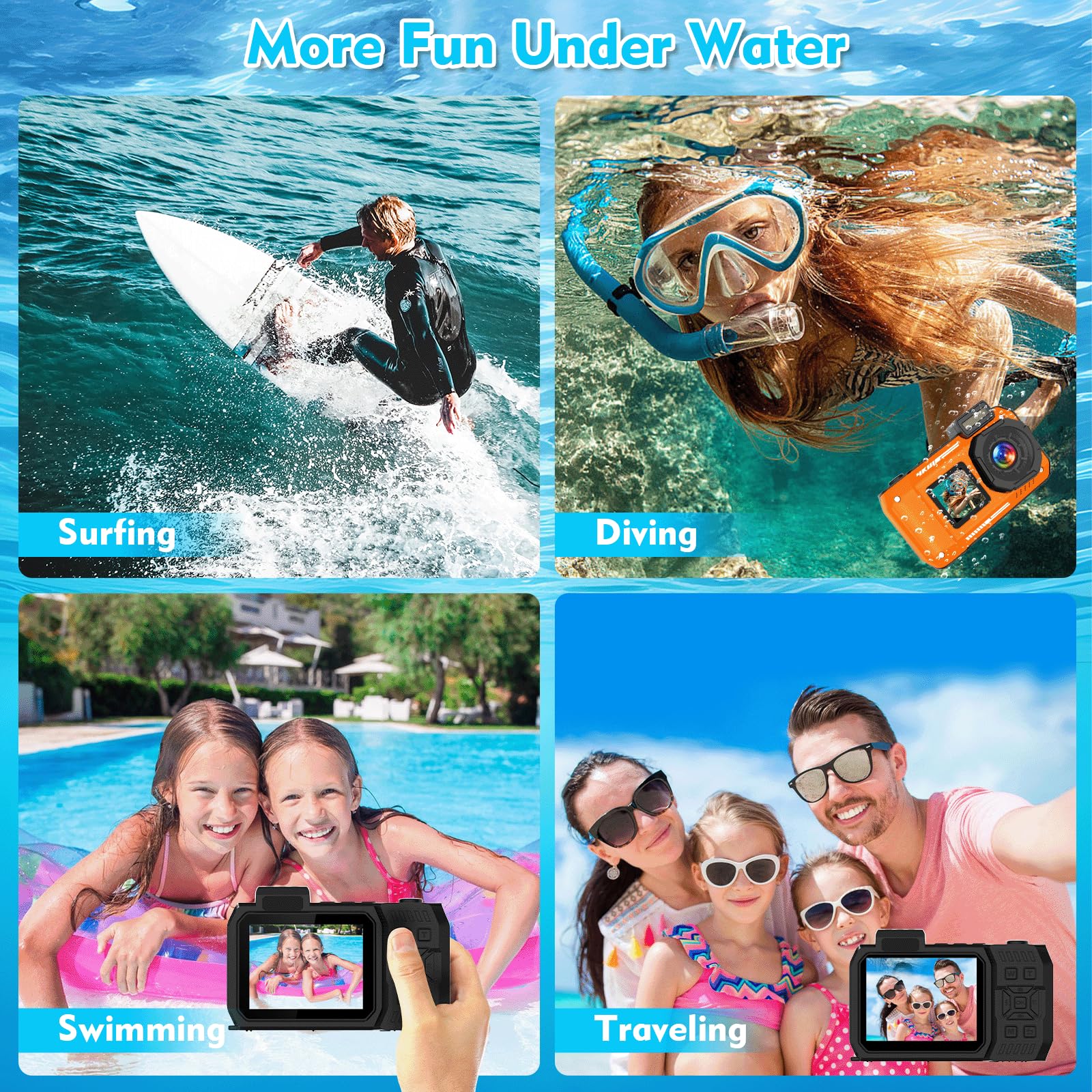 Fotocamera subacquea 4K 48MP impermeabile 32GB doppio schermo robusta antipolvere antiurto autofocus per selfie snorkeling immersioni sport viaggi (arancione)