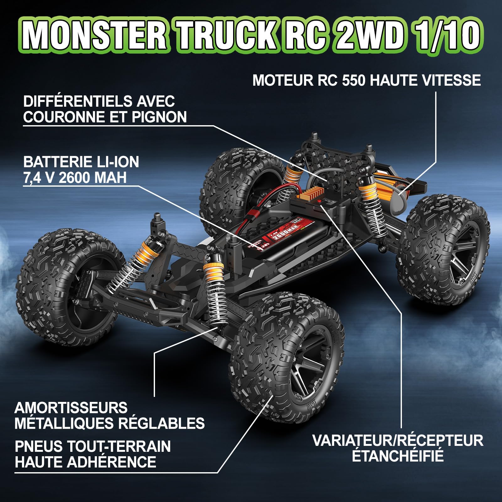 Voiture Télécommandée Adulte Grande Échelle 1:10 46 cm, RC Truck 2WD RWD Électrique 45 km/h avec 2 Batteries 2600mAh, Voiture Radiocommandée Tout Terrain pour Enfants et Adultes