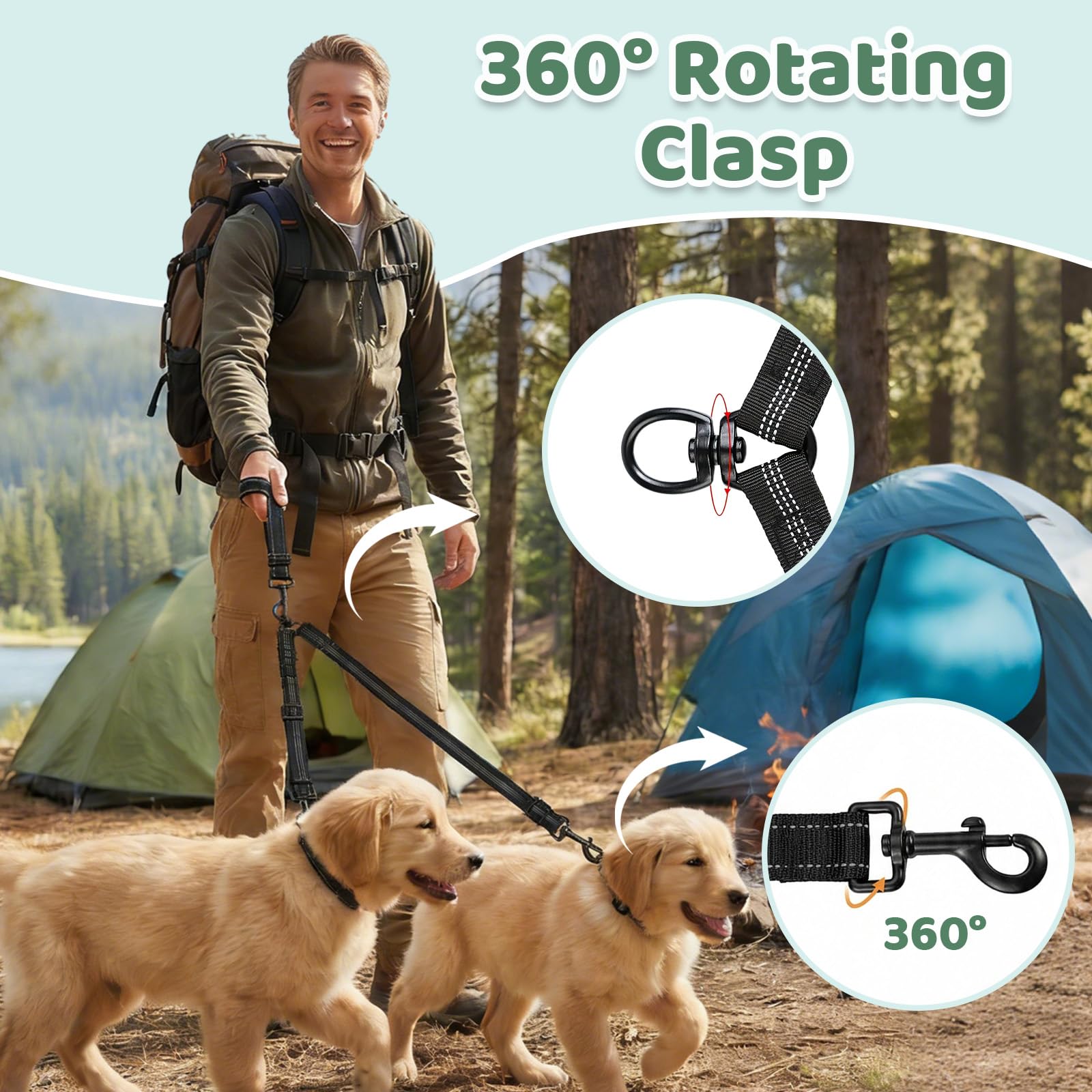 Double Dog Leash for 2 Dogs - No Tangle 360°Swivel Splitter with Reflective Stitching, Adjustable Length and Stretchy Shock-Absorbing Comfort, for Small/Medium Dogs Walking Training (S(2.0cm) - 4