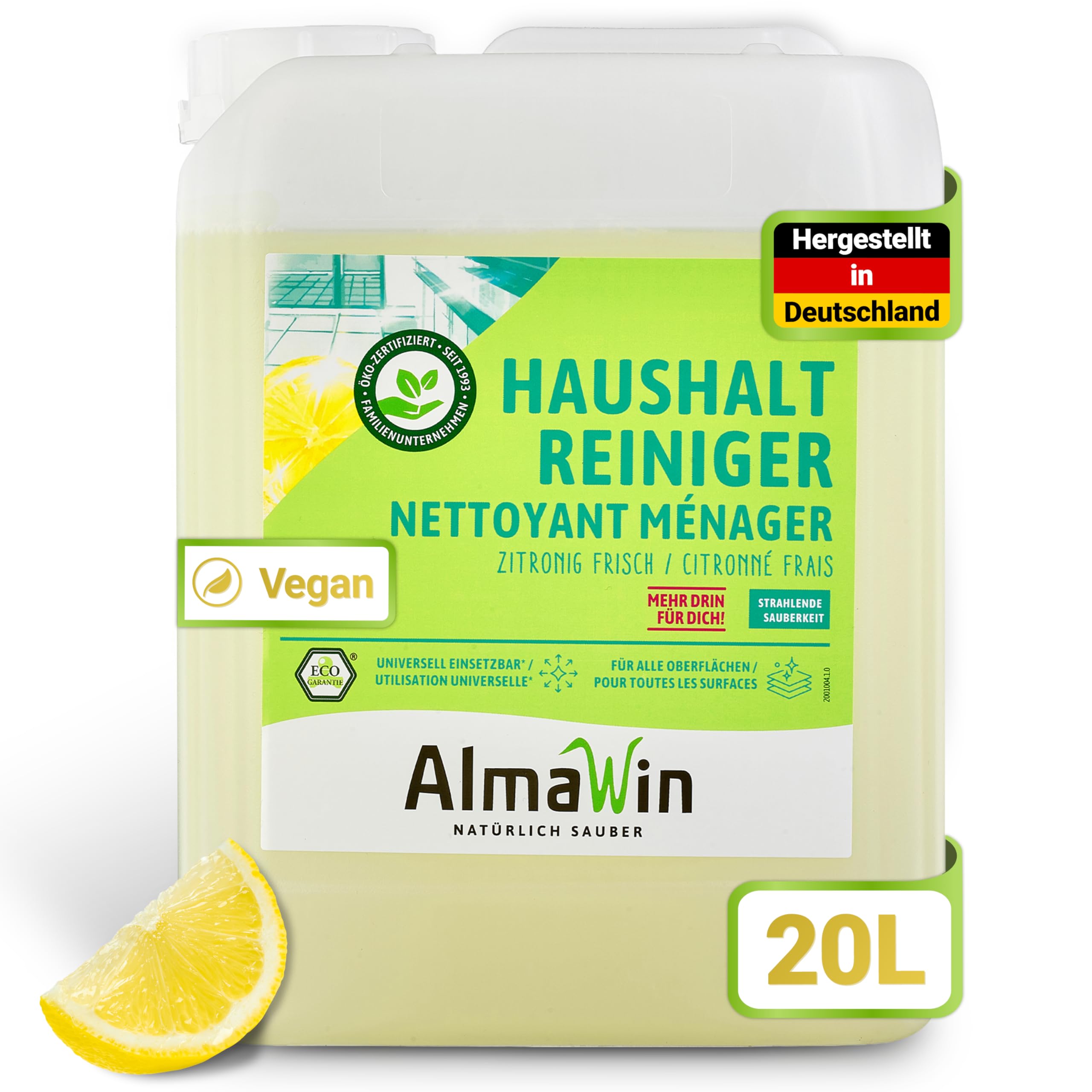AlmaWin® Haushalt Reiniger [20L] zur Reinigung & Pflege wasserfester Oberflächen - Allzweckreiniger mit Zitronenduft - Universal Reiniger Konzentrat - Entfernt Schmutz, Fett & Staub - Bio & VEGAN