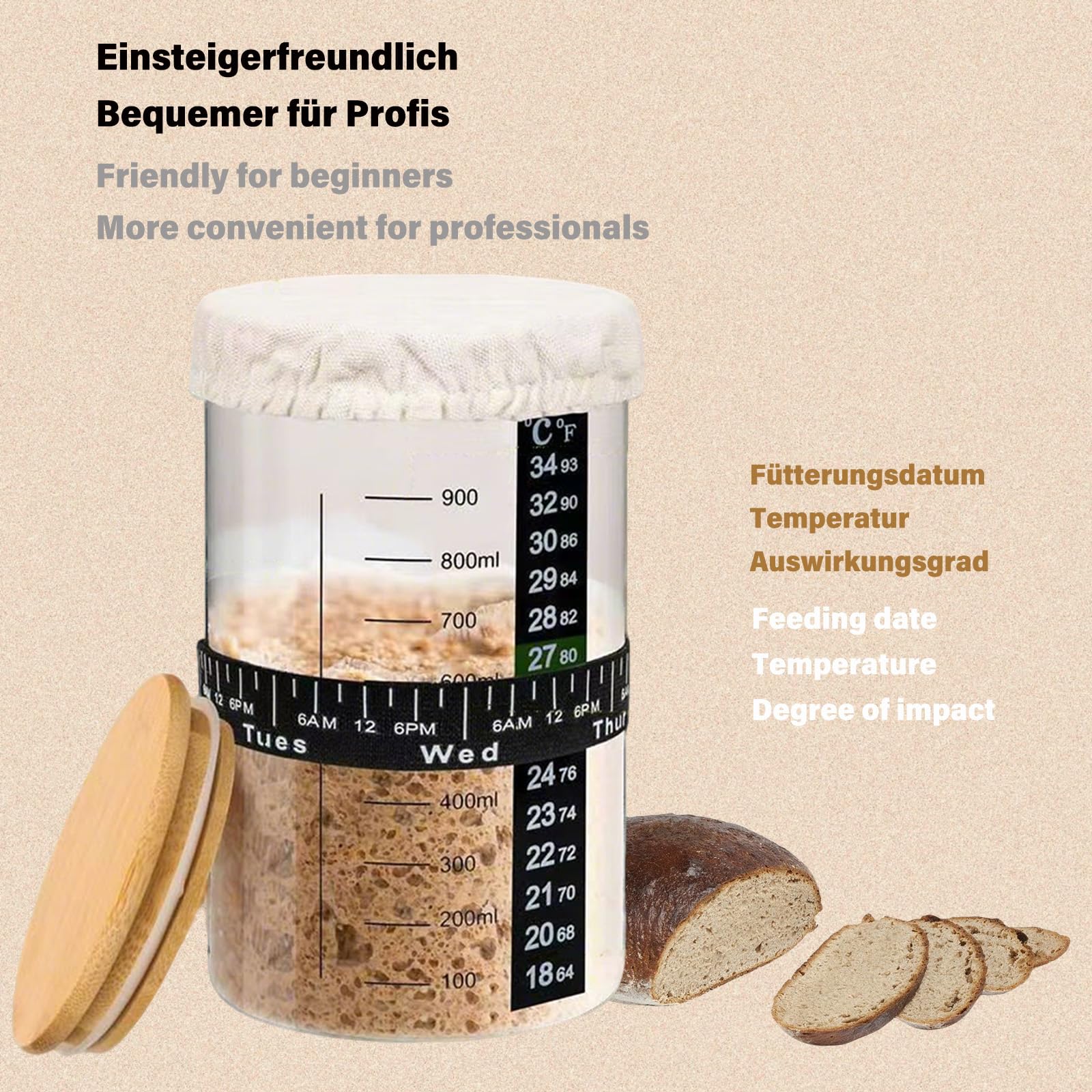 Pot de Fermentation au levain 900ml, récipient de démarrage au levain, pot en verre transparent, fournitures de cuisson au levain, bouche large avec couvercle  15