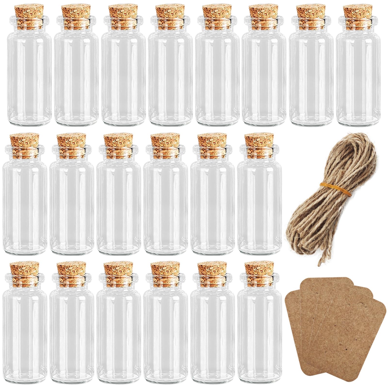 20 mini tappi in sughero da 10 ml, con 30 etichette e 30 corde di canapa, bottiglie desiderabili, provette con tappo in sughero, mini bottiglie di vetro per feste di nozze, decorazione,