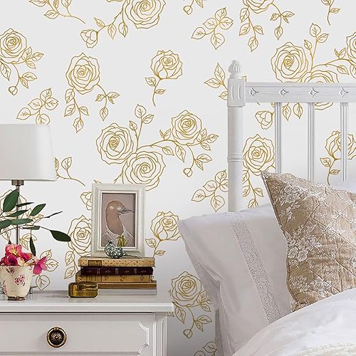 Miniatura 5 de Yun-aeon Papel tapiz floral dorado y blanco de 17.3 x 160 pulgadas, moderno papel de contacto geométrico extraíble, papel tapiz autoadhesivo para