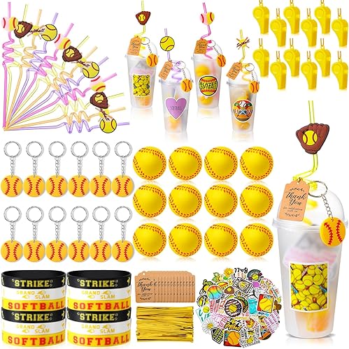 Vista 10 de Weysat 184 piezas de artículos para fiestas deportivas, rellenos para bolsas de regalos, taza, pajita, pelota antiestrés, llavero, calcomanía