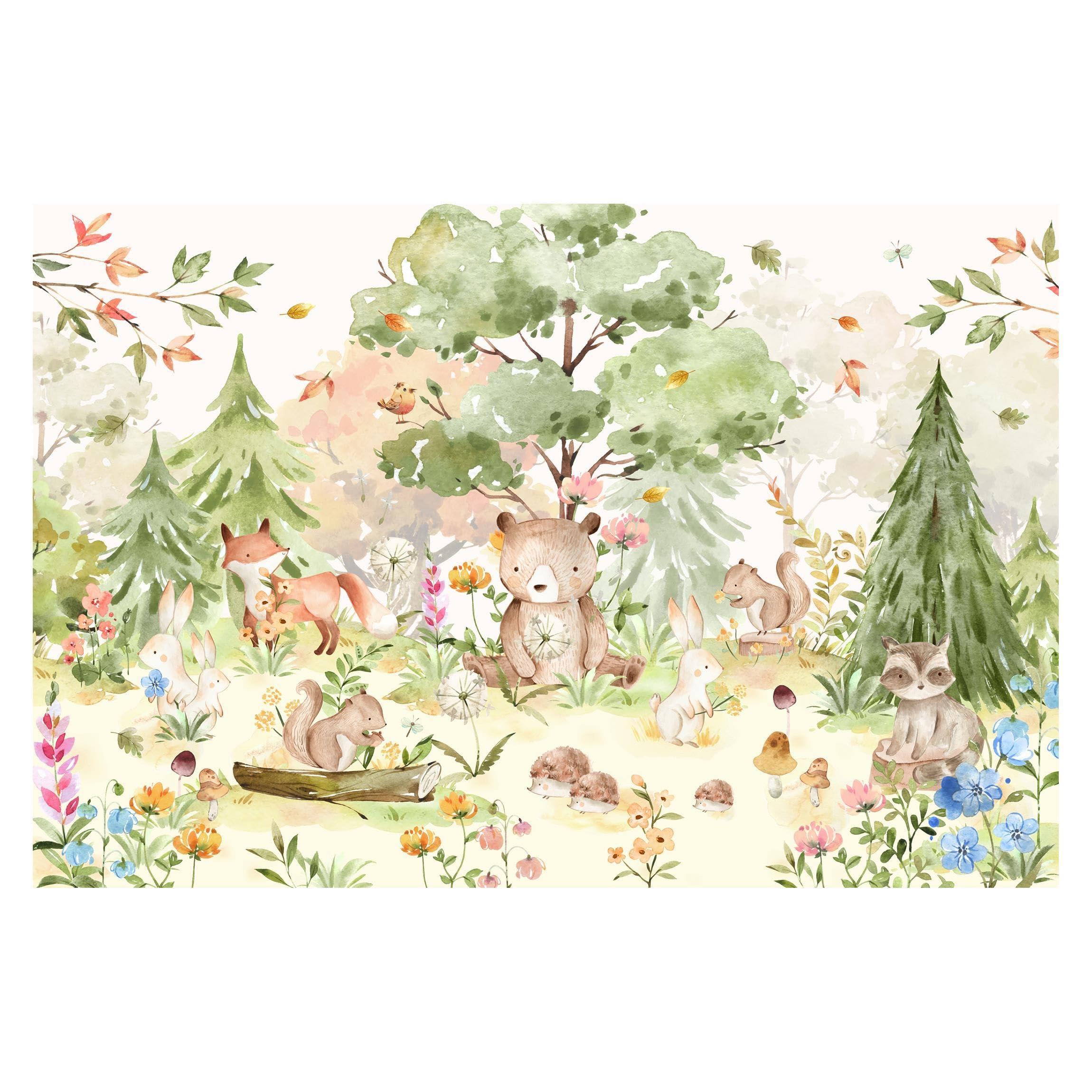 Bilderwelten Fototapete Babyzimmer Aquarell Waldtiere 190x288 cm Vlies-Tapete XXL Smart Wandtapete Wanddekoration Kinder Kinderzimmer